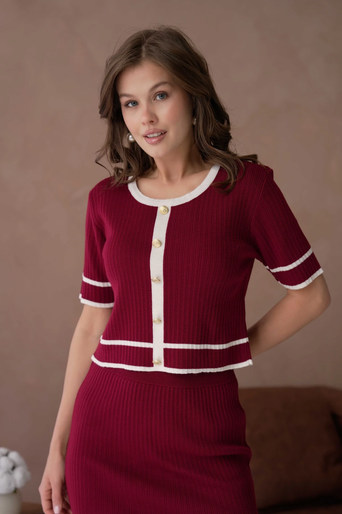 Bisiklet Yaka Düğme Detaylı Etek Bel Lastikli Bluz Etek İkili Triko Takım