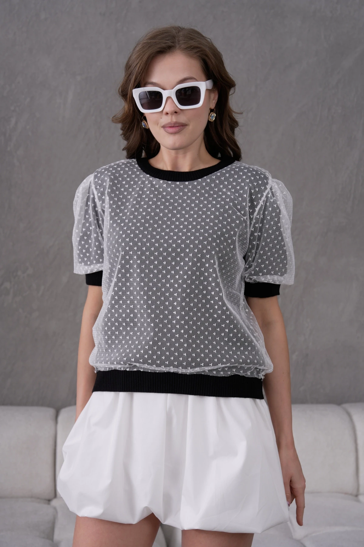 Bisiklet Yaka Full Beden Tül Detaylı Triko Bluz