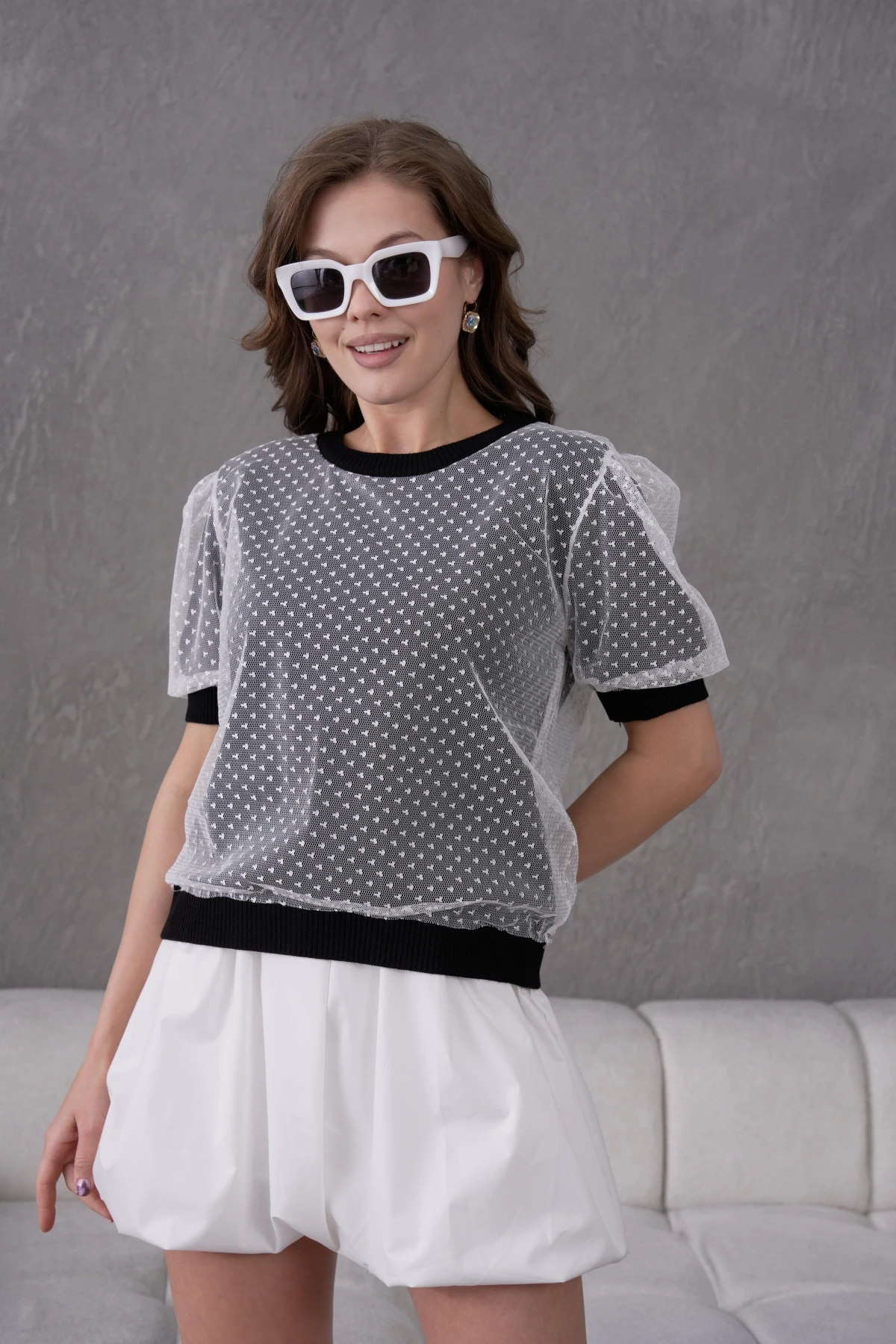 Bisiklet Yaka Full Beden Tül Detaylı Triko Bluz