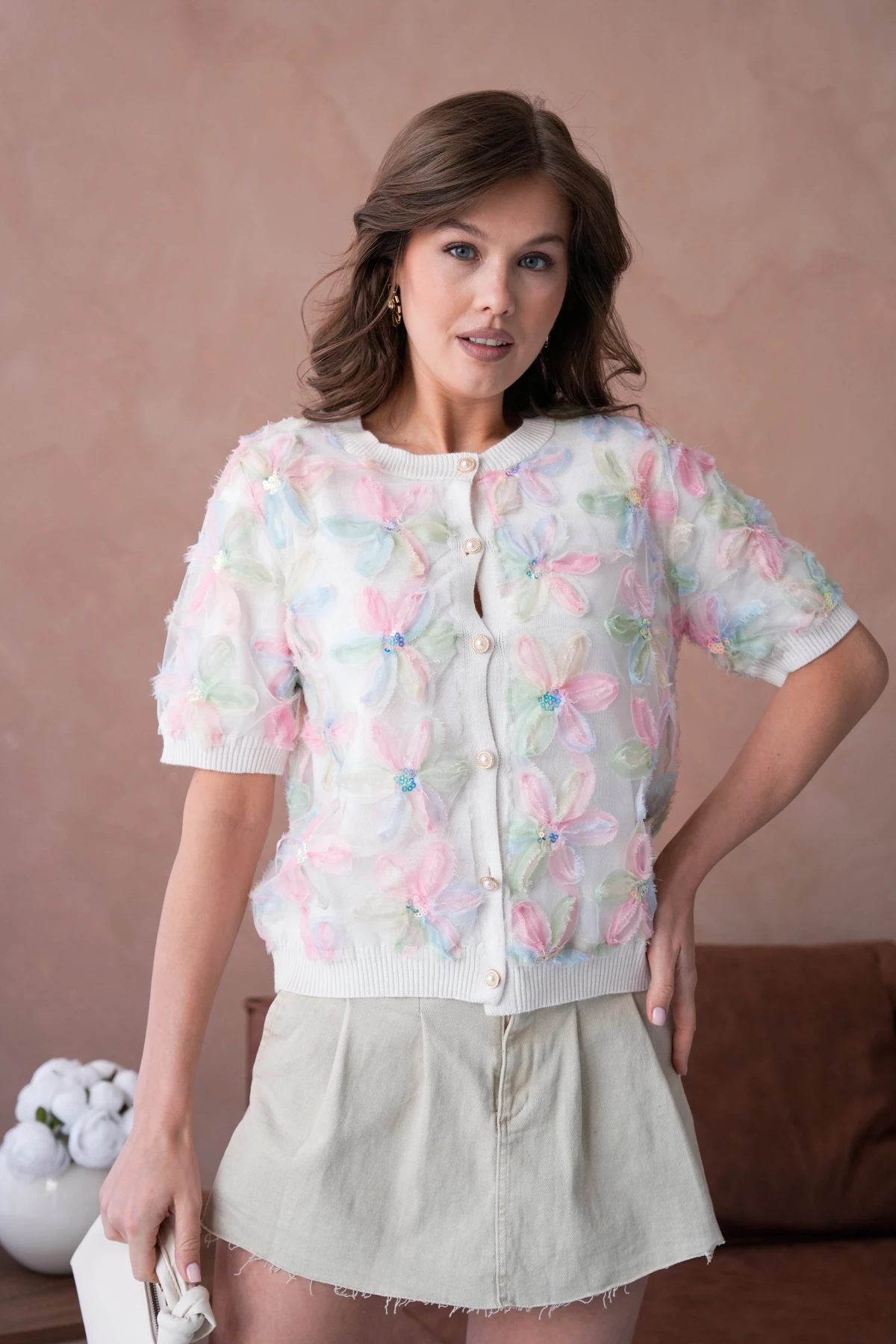 Bisiklet Yaka Tül Detaylı Düğmeli Triko Kazak