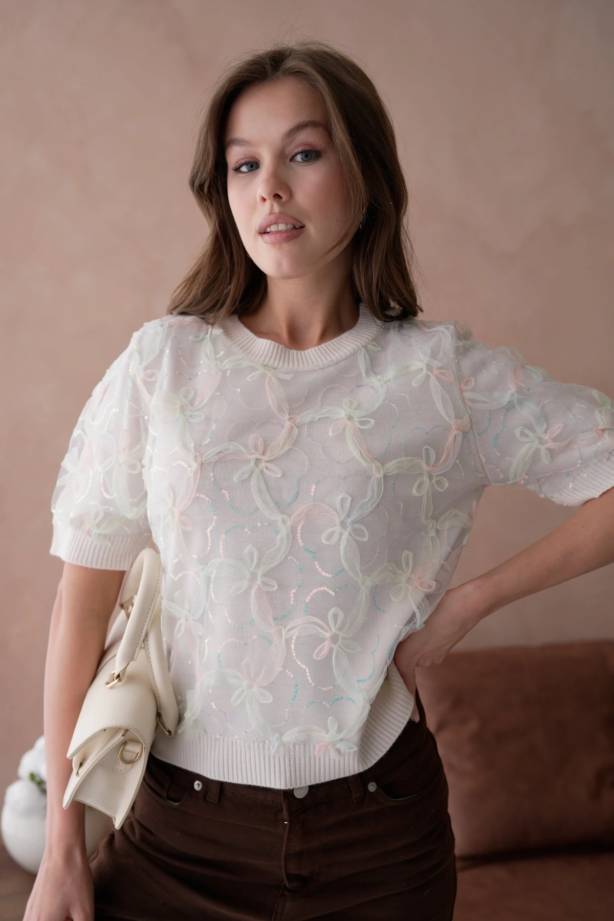 Bisiklet Yaka Tül Detaylı Triko Kazak