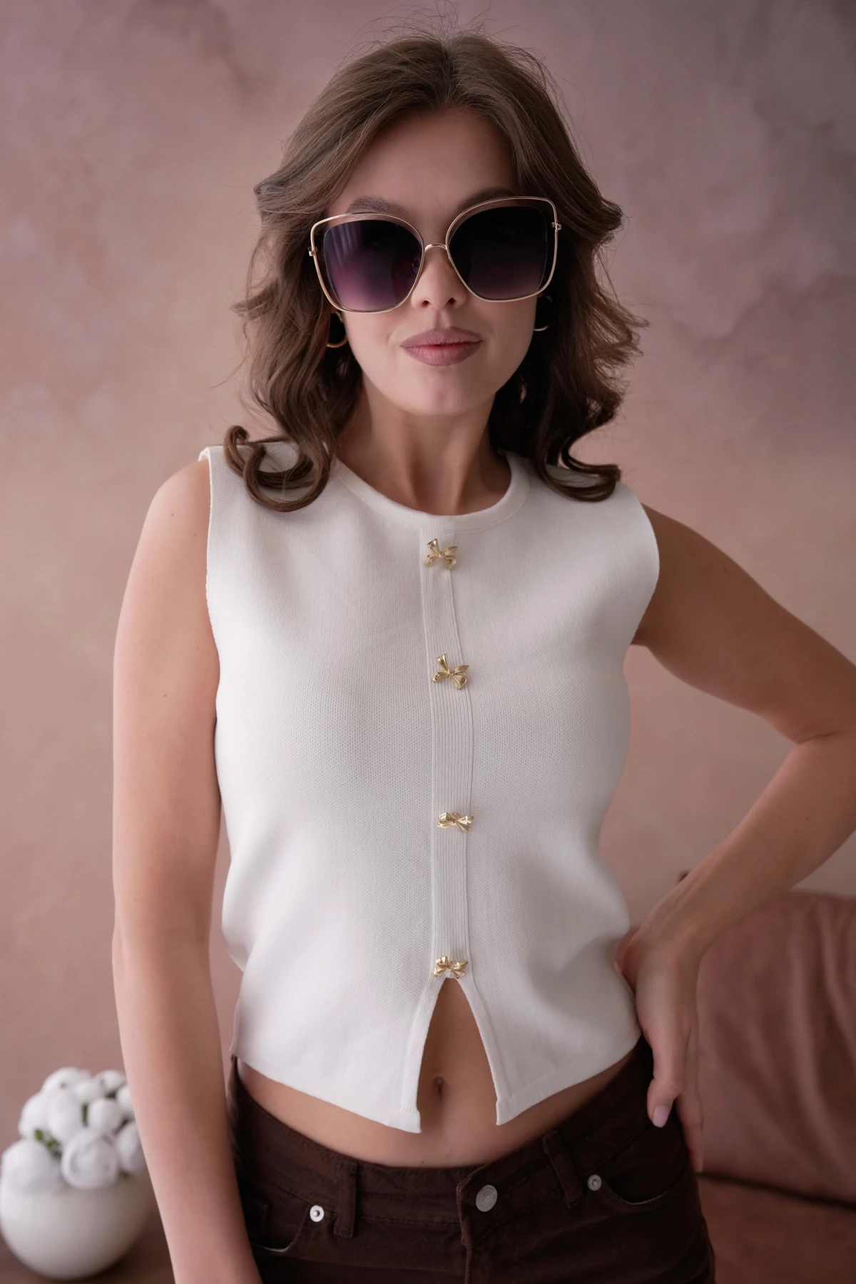 Aksesuar Detaylı Kolsuz Triko Bluz