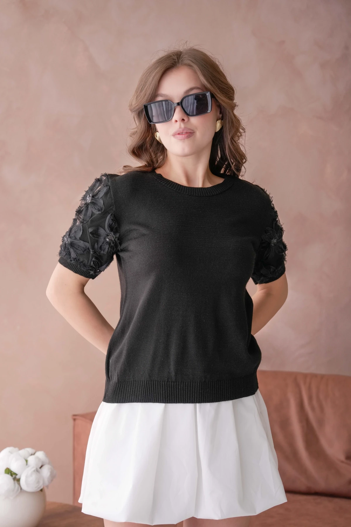 Bisiklet Yaka Kolu Tül Detaylı Triko Bluz