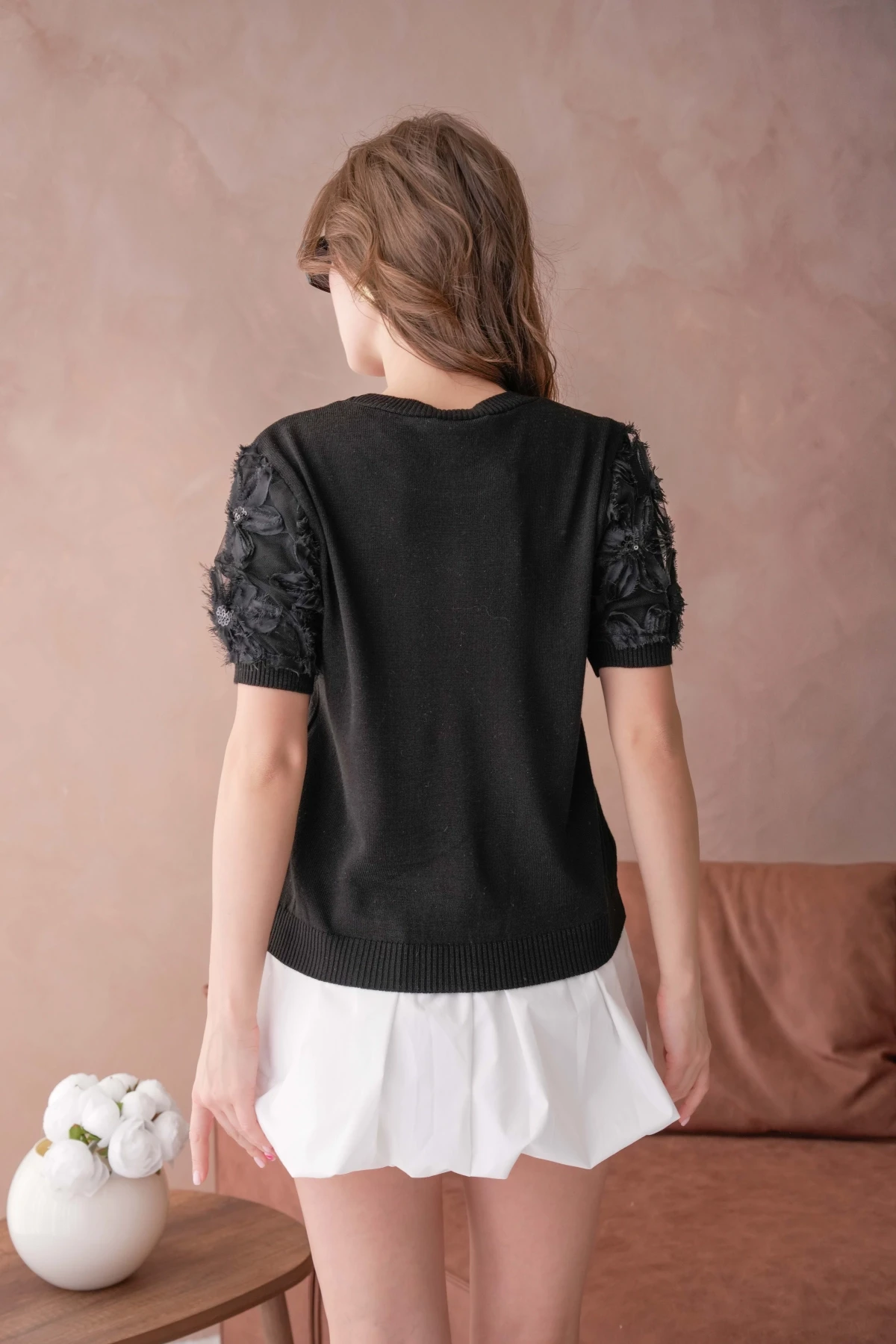 Bisiklet Yaka Kolu Tül Detaylı Triko Bluz