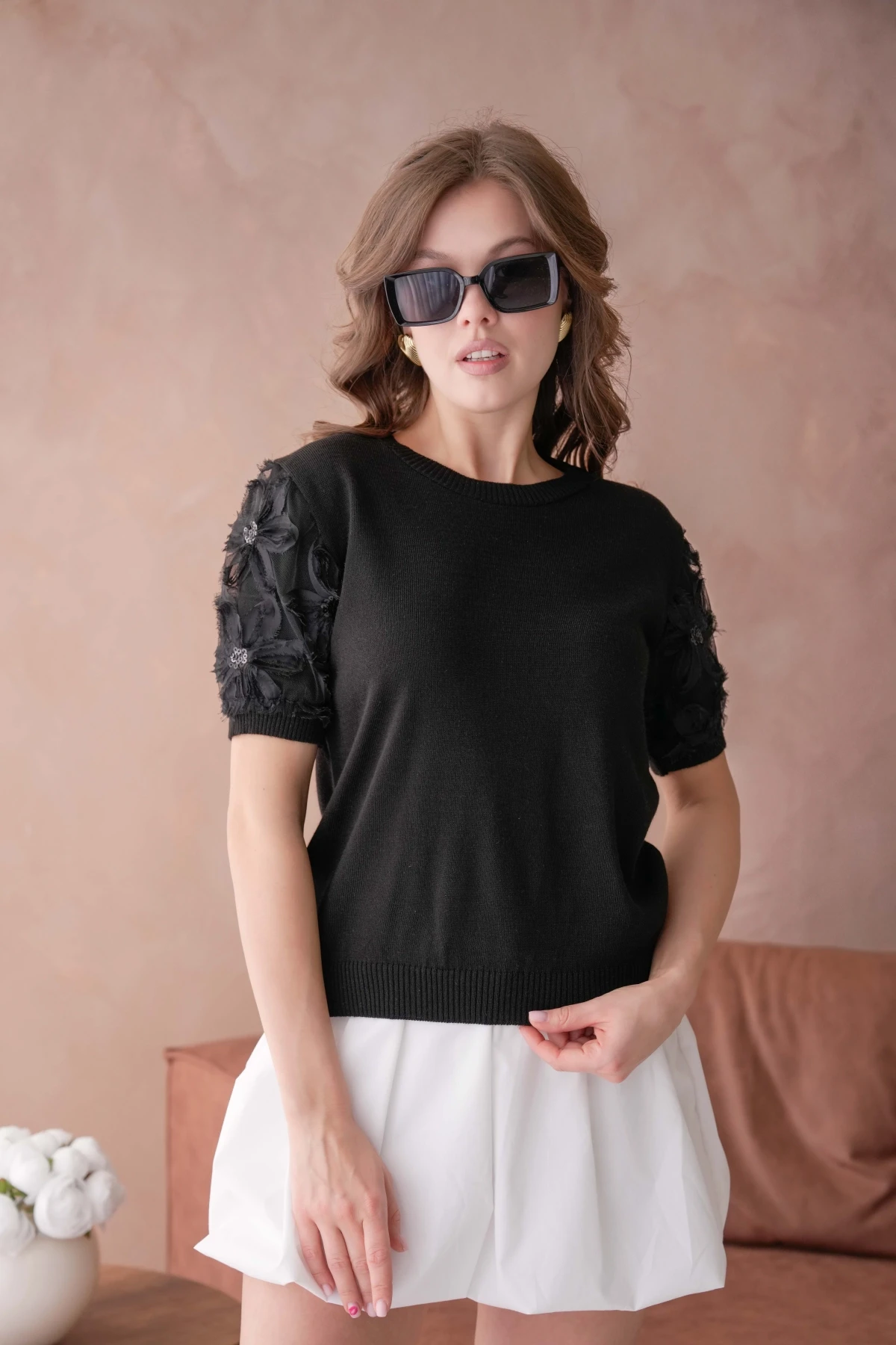Bisiklet Yaka Kolu Tül Detaylı Triko Bluz