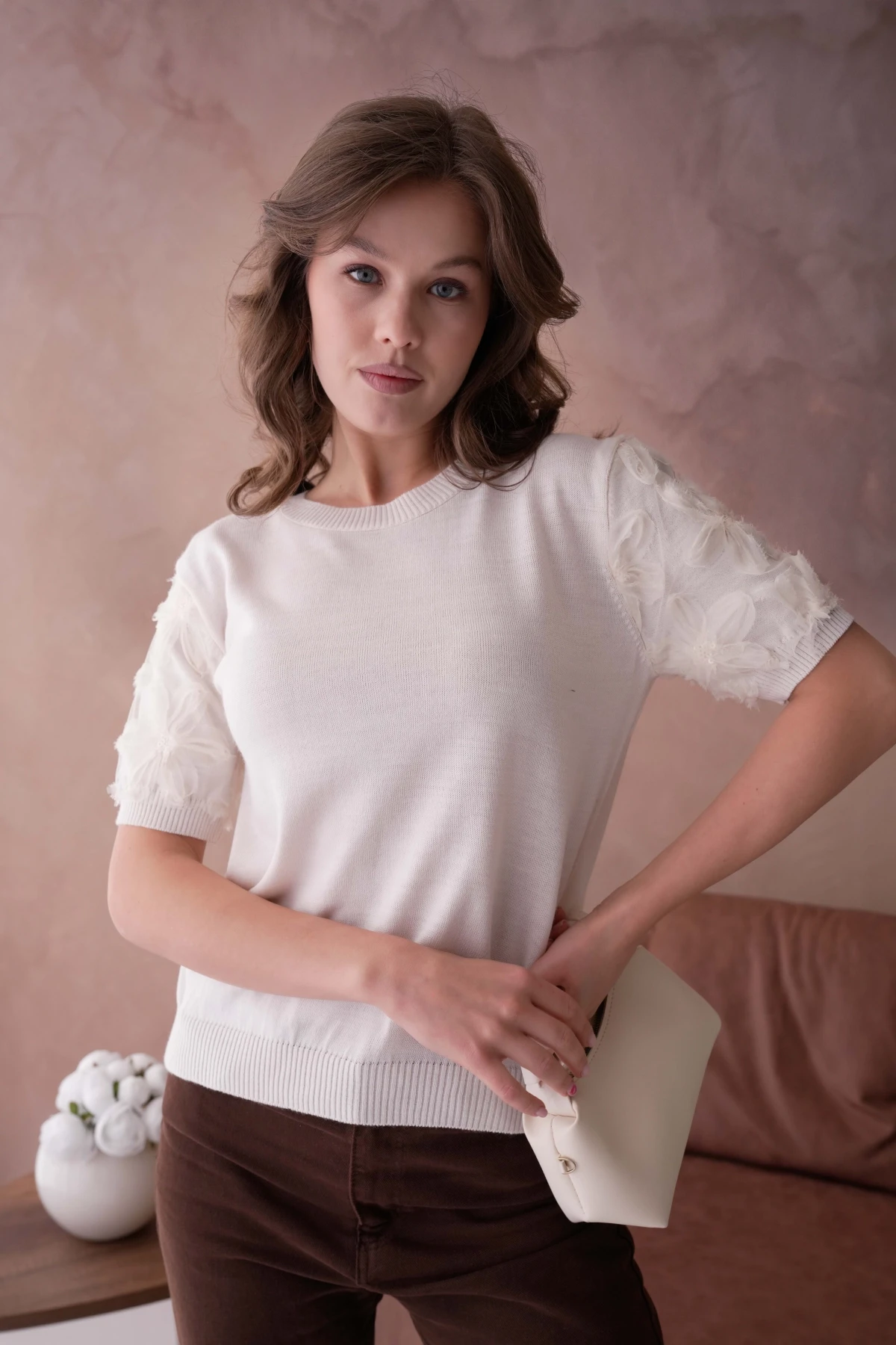 Bisiklet Yaka Kolu Tül Detaylı Triko Bluz