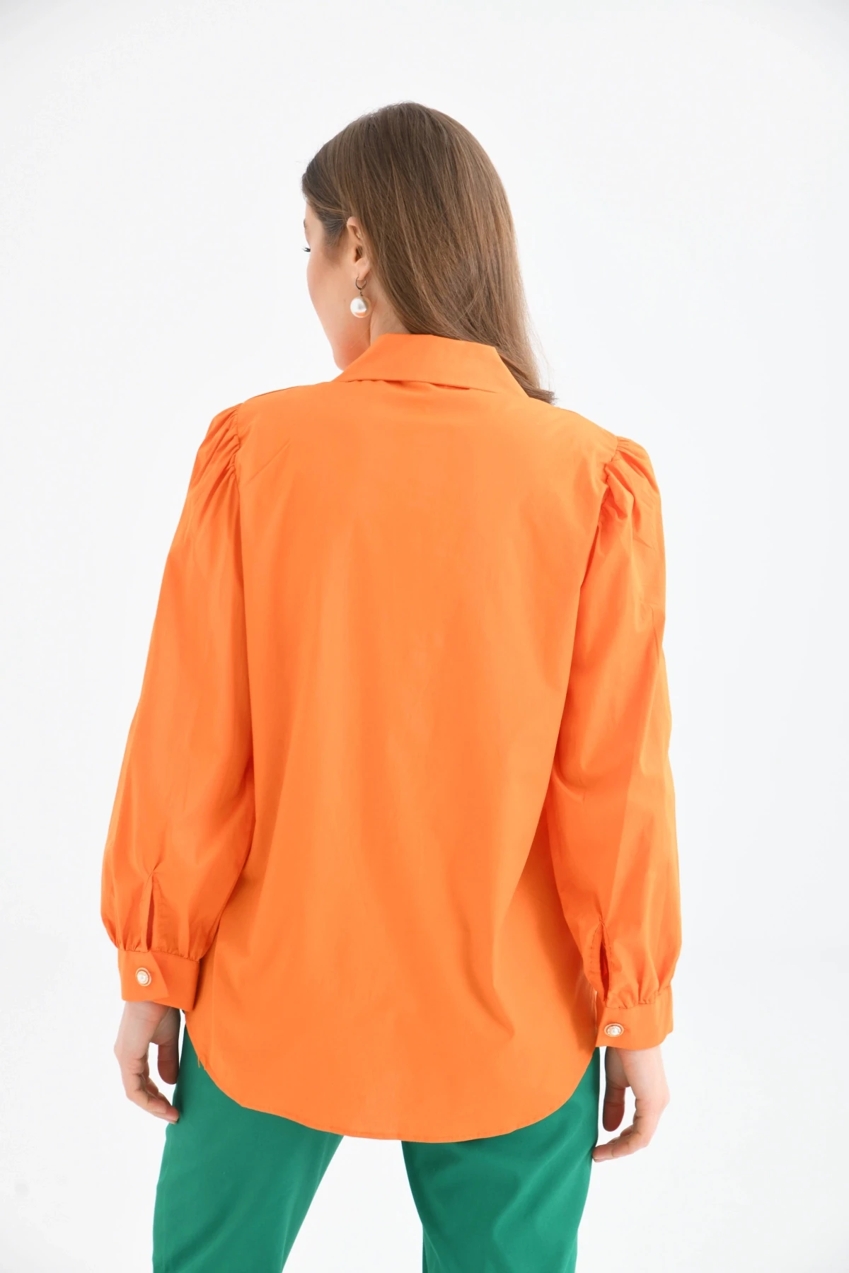 Gömlek Yaka Balon Kol Düğme Detay Dokuma Gömlek