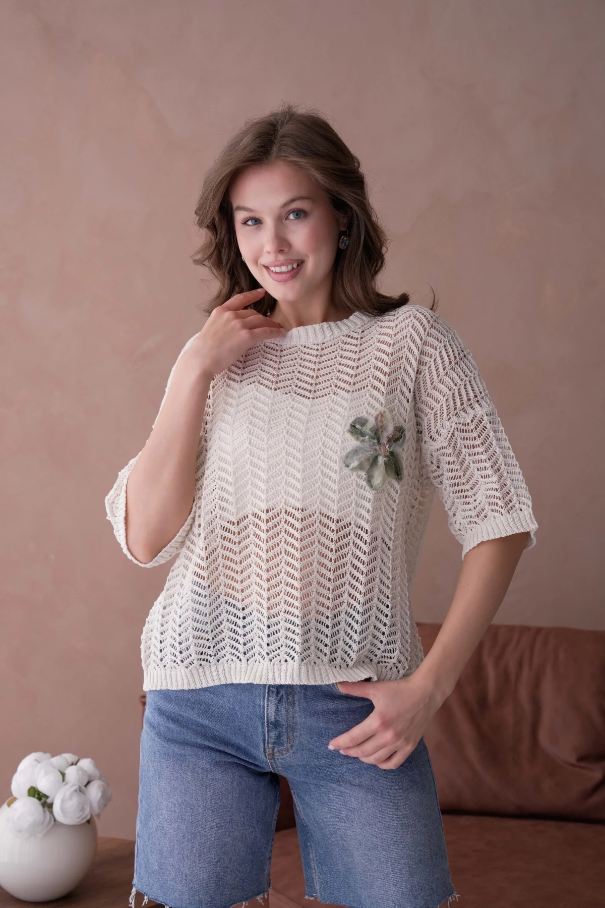 Bisiklet Yaka Aplikeli Ajurlu Salaş Triko Bluz