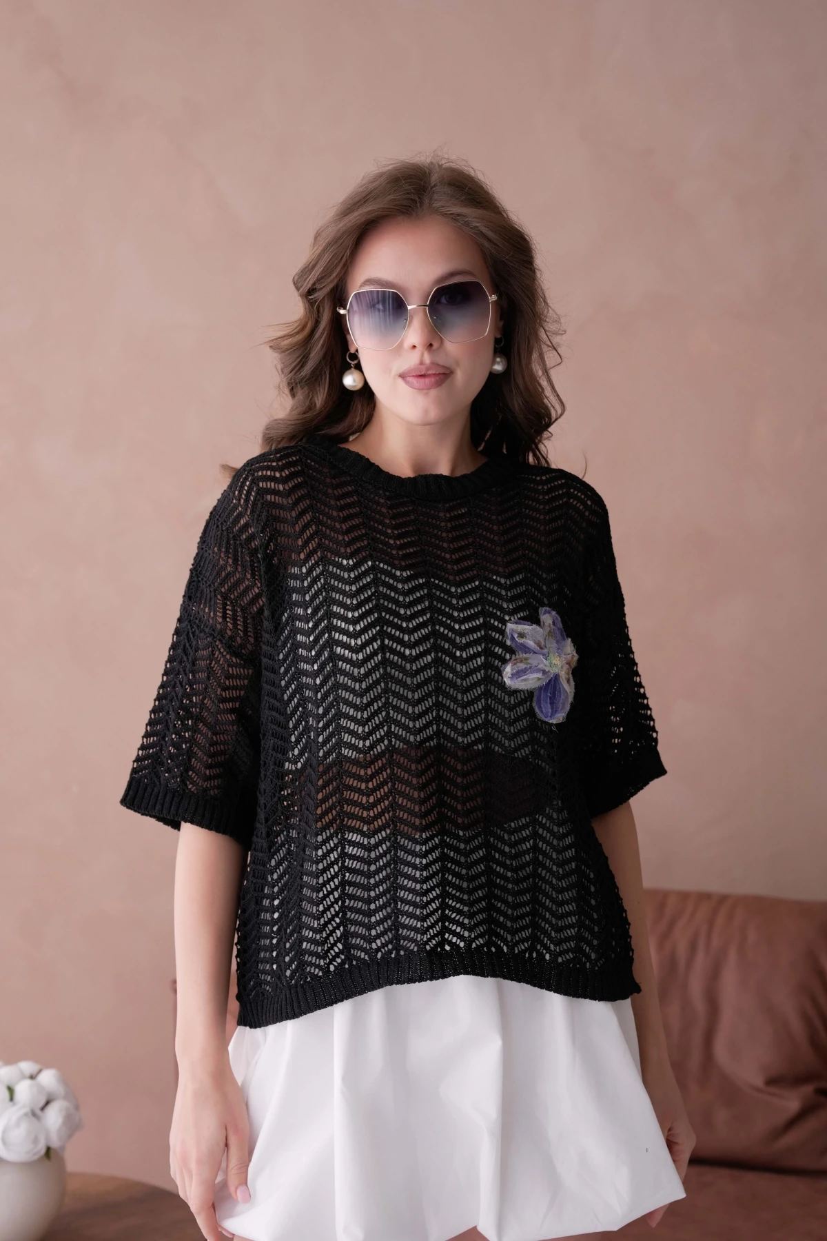 Bisiklet Yaka Aplikeli Ajurlu Salaş Triko Bluz