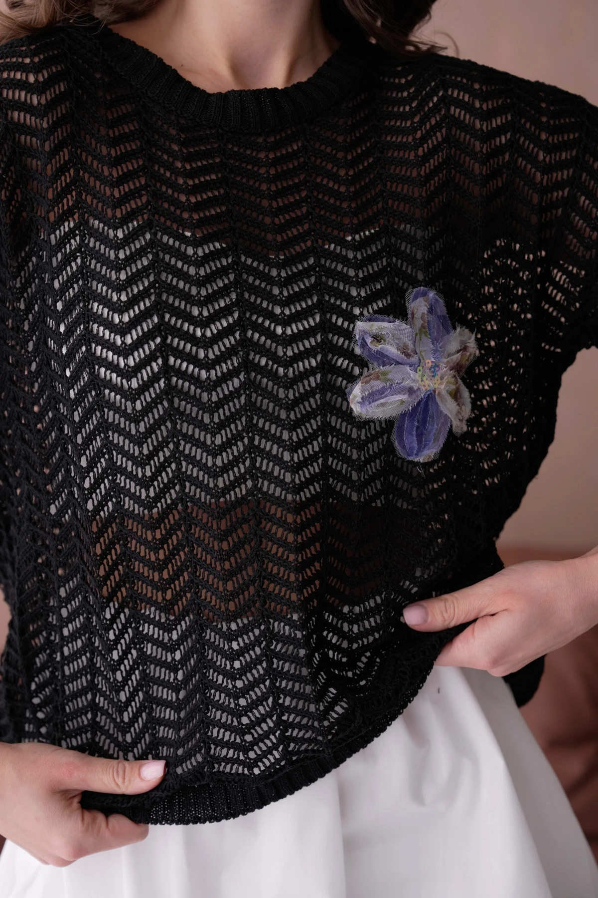 Bisiklet Yaka Aplikeli Ajurlu Salaş Triko Bluz