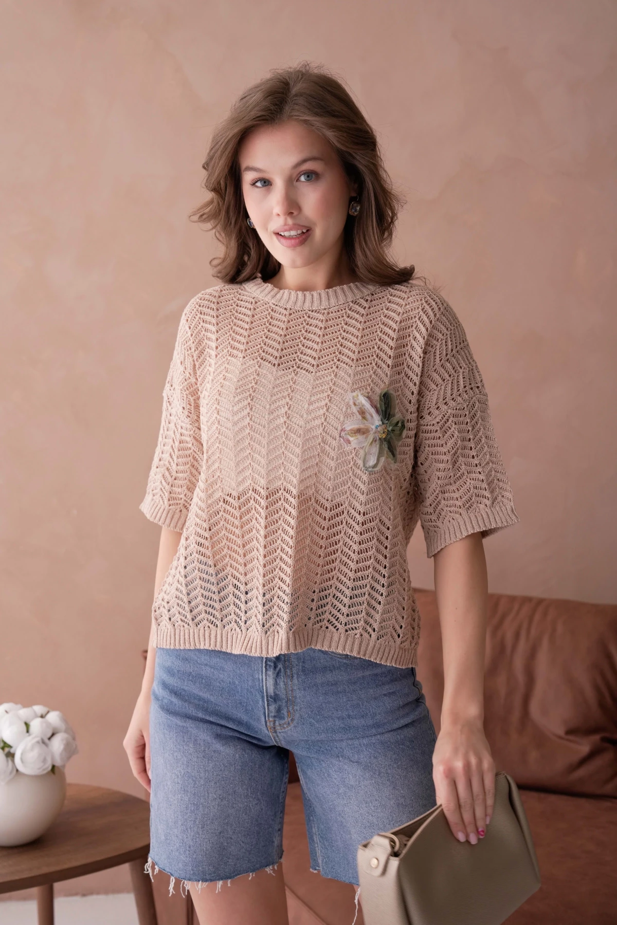 Bisiklet Yaka Aplikeli Ajurlu Salaş Triko Bluz