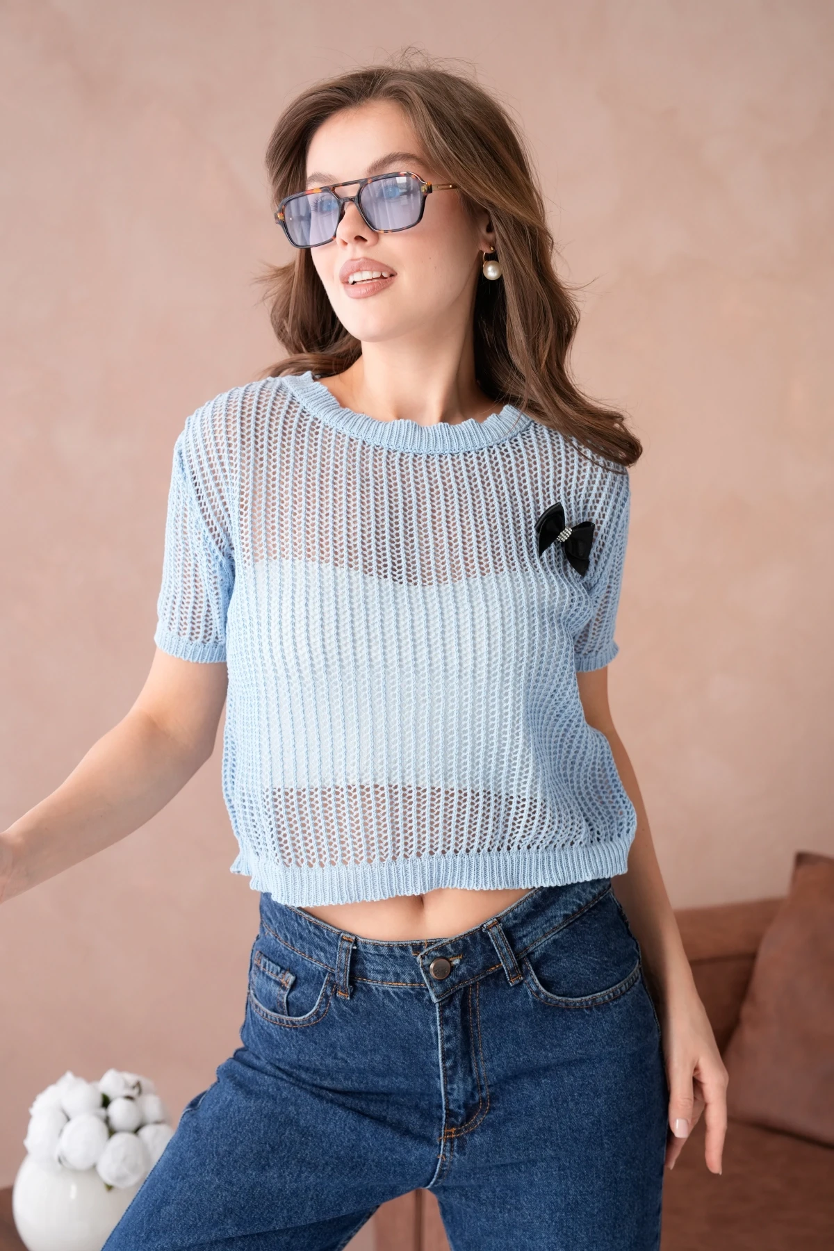 Bisiklet Yaka Aksesuarlı Ajurlu Triko Bluz