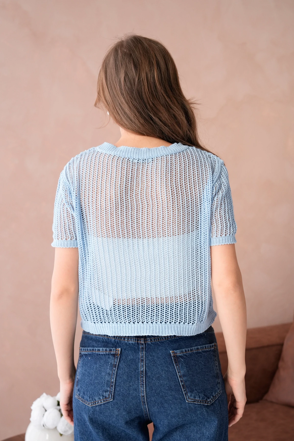 Bisiklet Yaka Aksesuarlı Ajurlu Triko Bluz