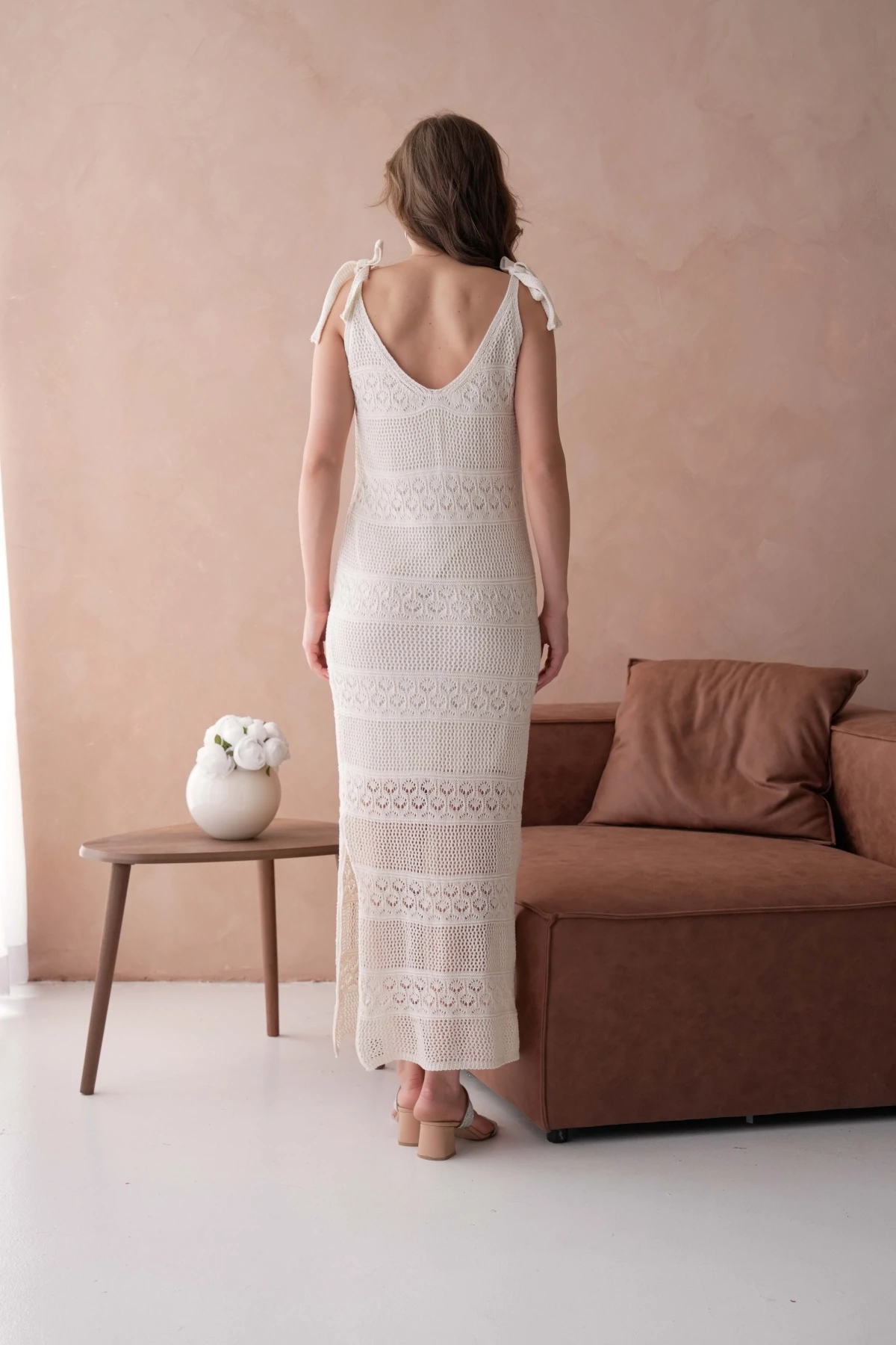 Askılı Ajur Desen Astarlı Uzun Elbise