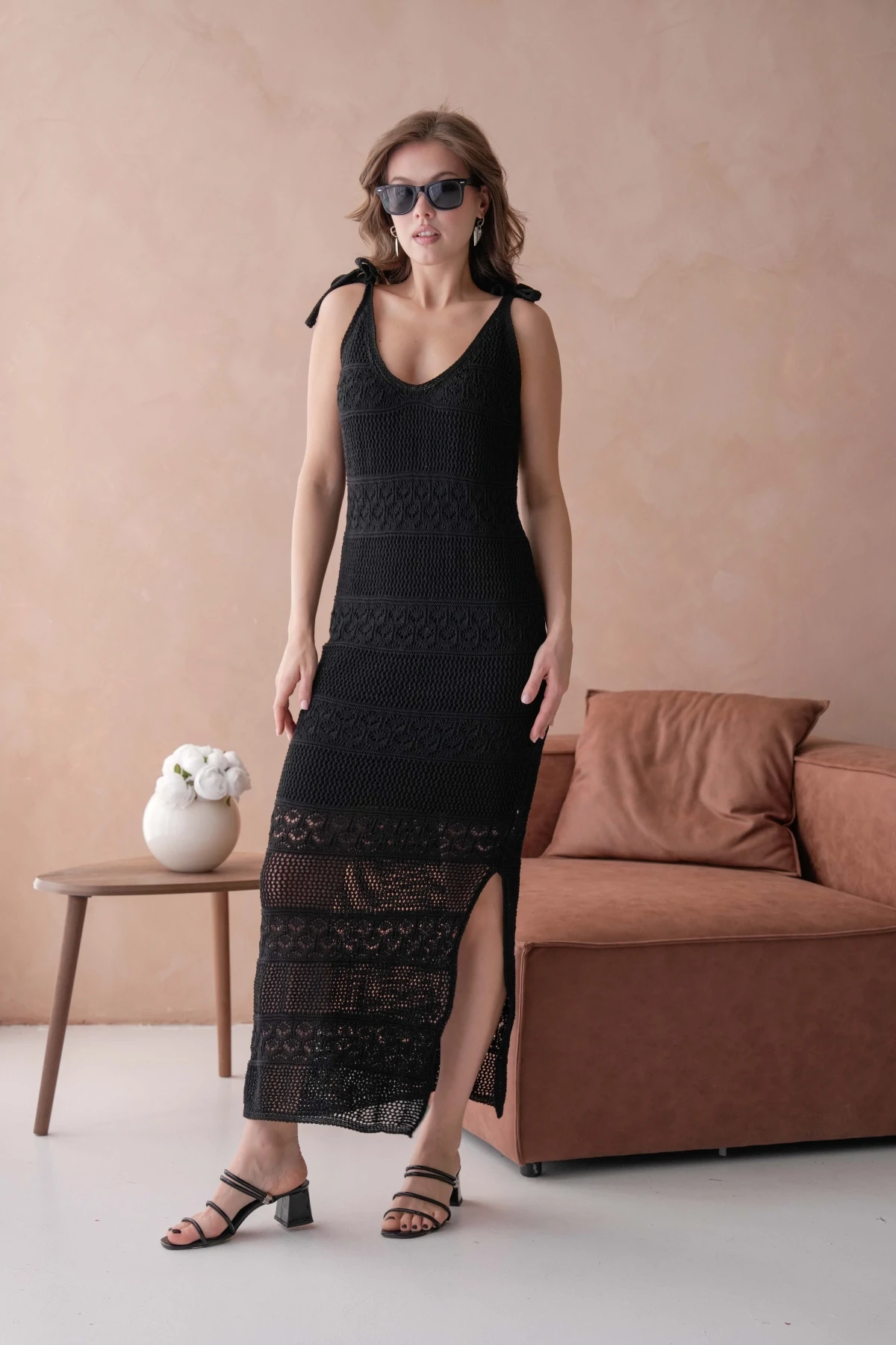 Askılı Ajur Desen Astarlı Uzun Elbise