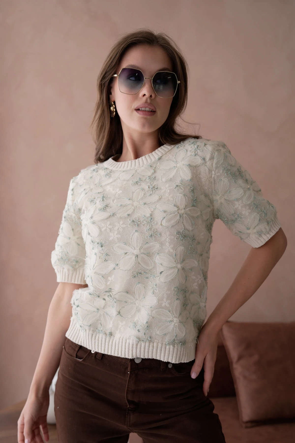 Bisiklet Yaka Tül Detaylı Triko Kazak