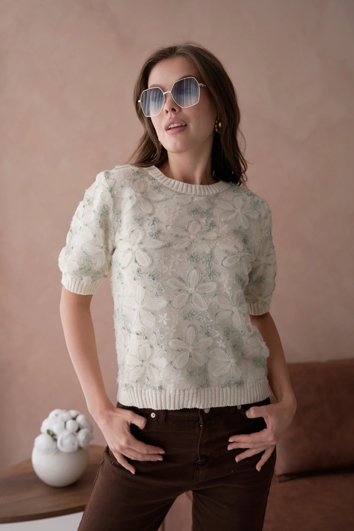 Bisiklet Yaka Tül Detaylı Triko Kazak