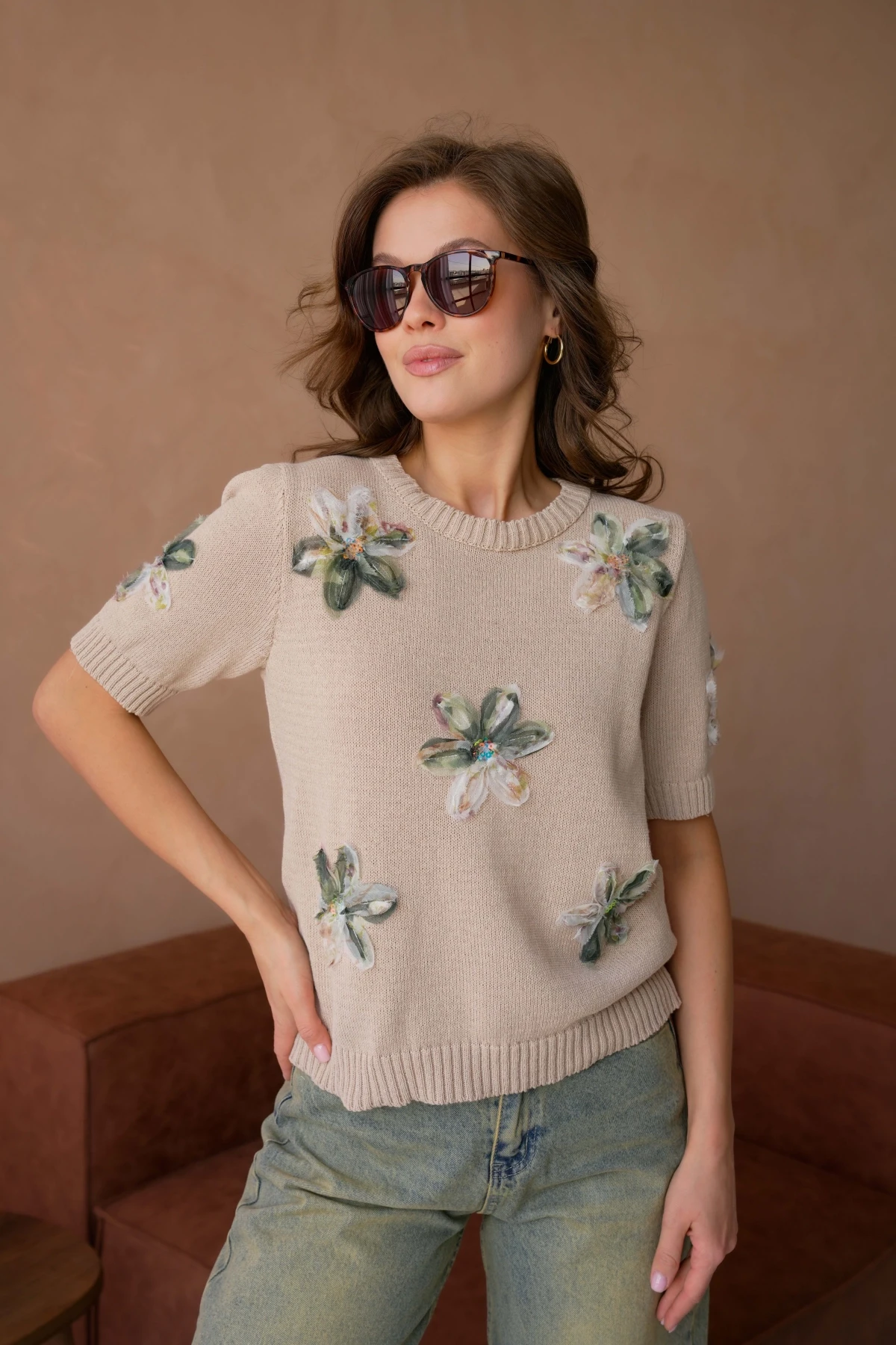 Bisiklet Yaka  Aplikeli Triko Kazak