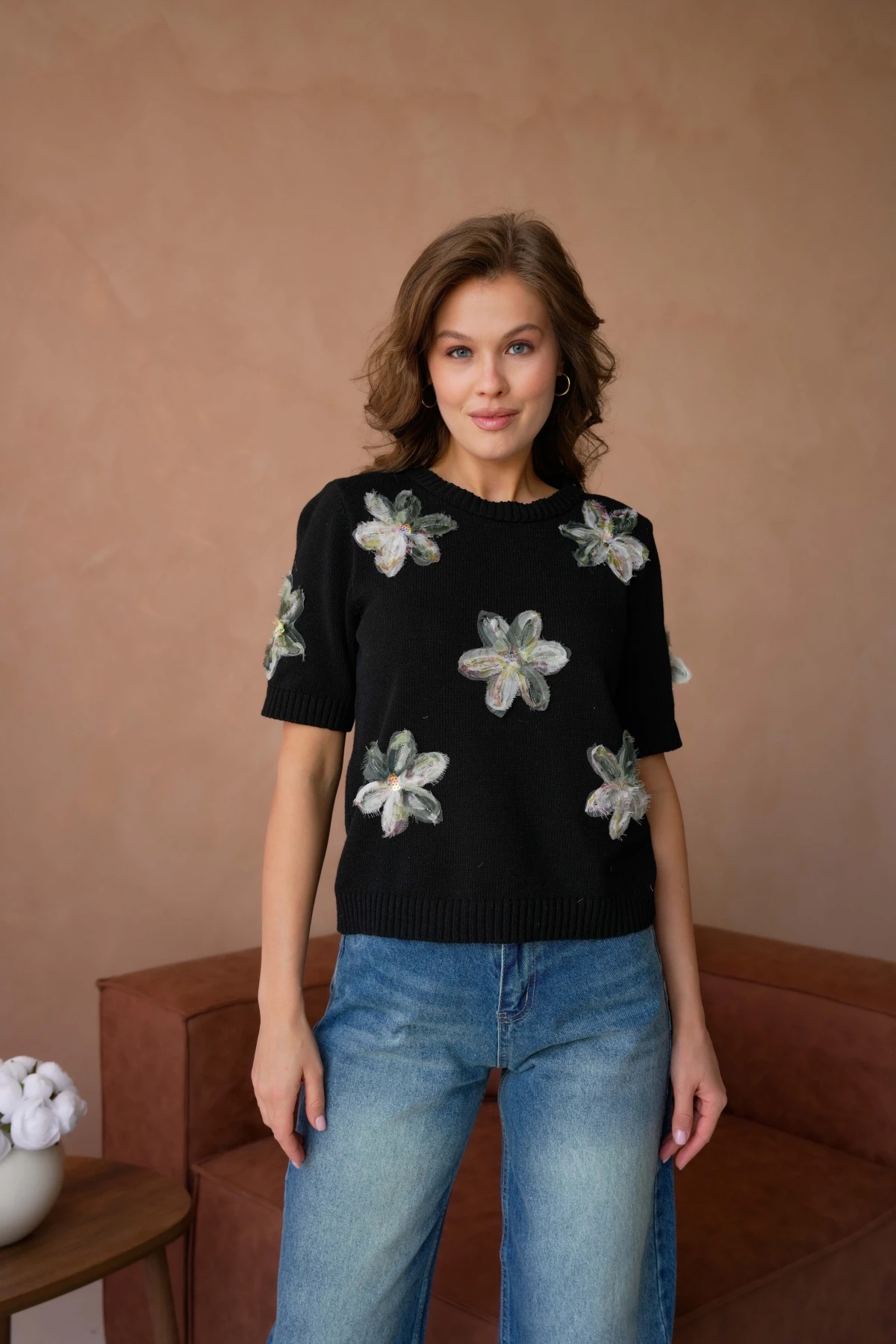 Bisiklet Yaka  Aplikeli Triko Kazak