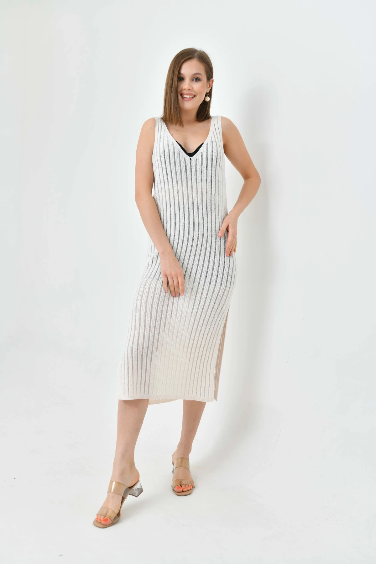 Kadın Askılı Örgü Detay Midi Yırtmaçlı Triko Elbise