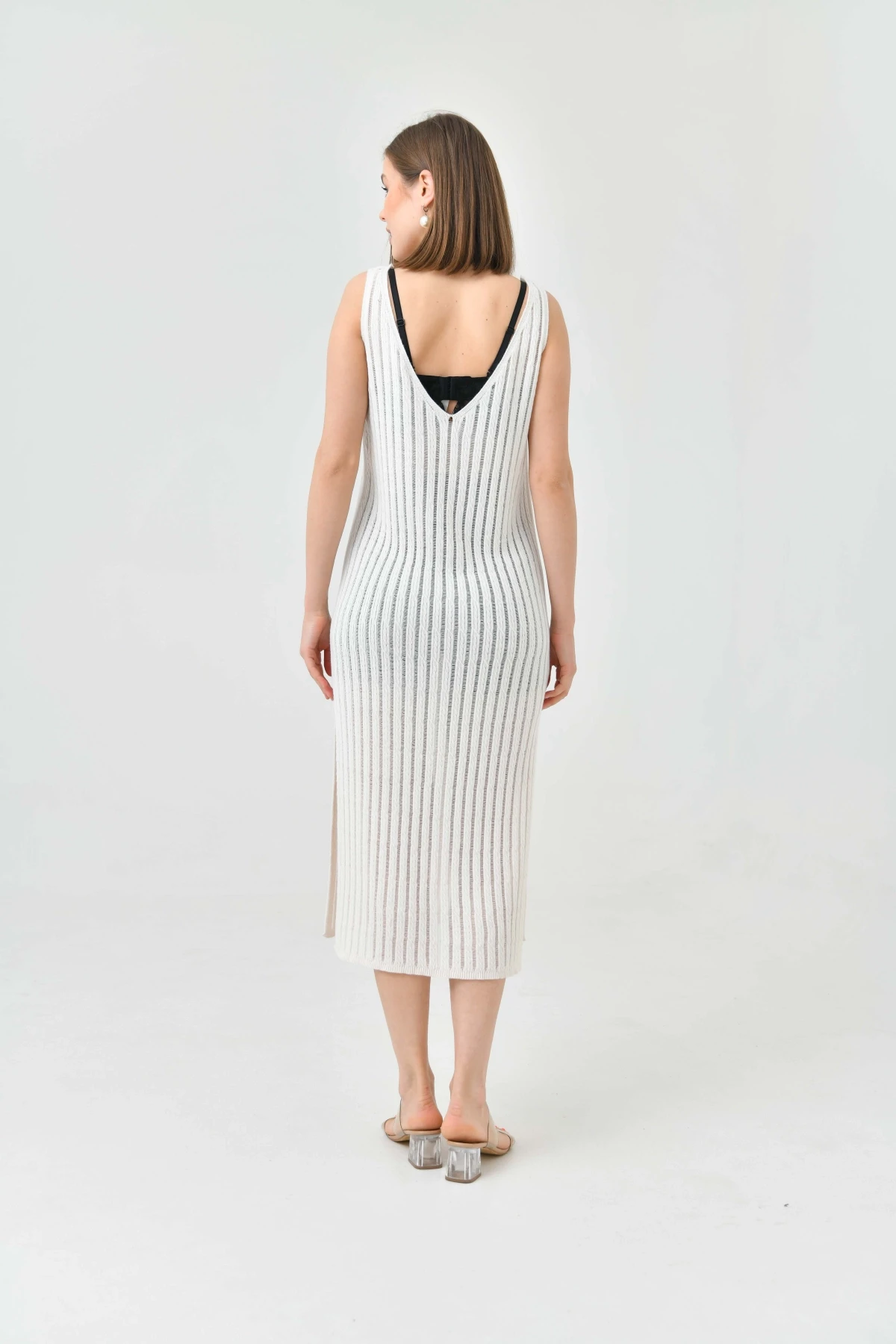 Kadın Askılı Örgü Detay Midi Yırtmaçlı Triko Elbise