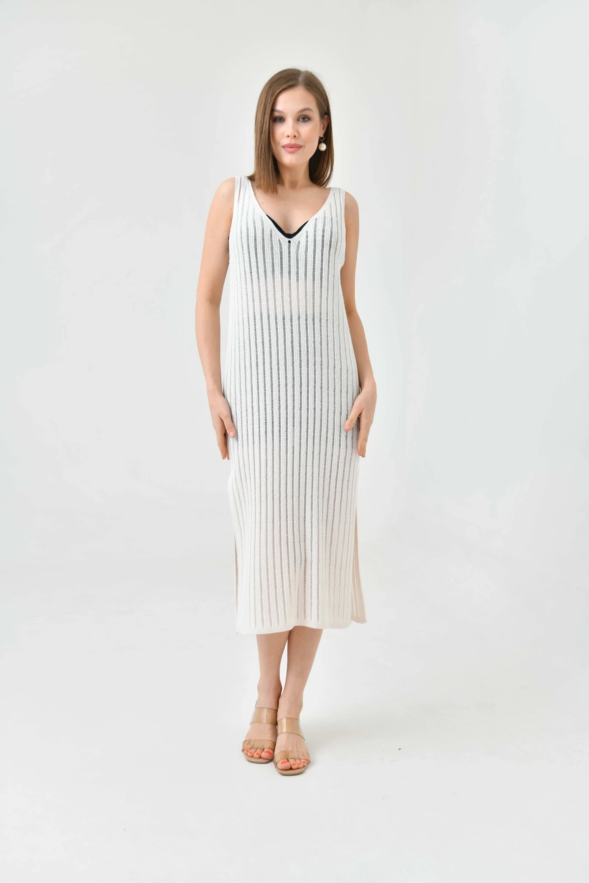 Kadın Askılı Örgü Detay Midi Yırtmaçlı Triko Elbise