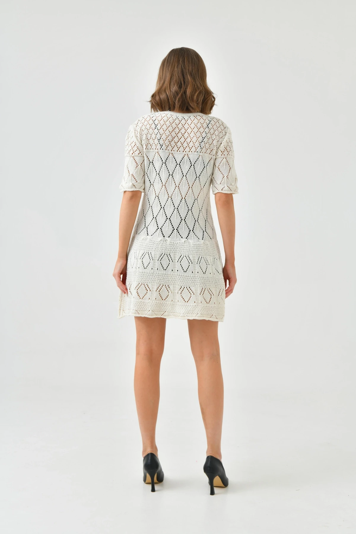 Bağlama Yakalı Ajurlu Kısa Kol Triko Elbise