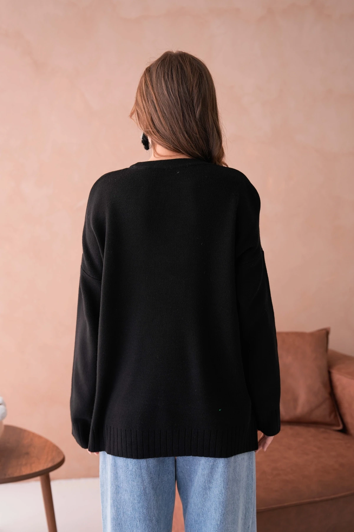 Kadın Bisiklet Yaka Aplikeli Arkası Uzun Salaş Triko Kazak