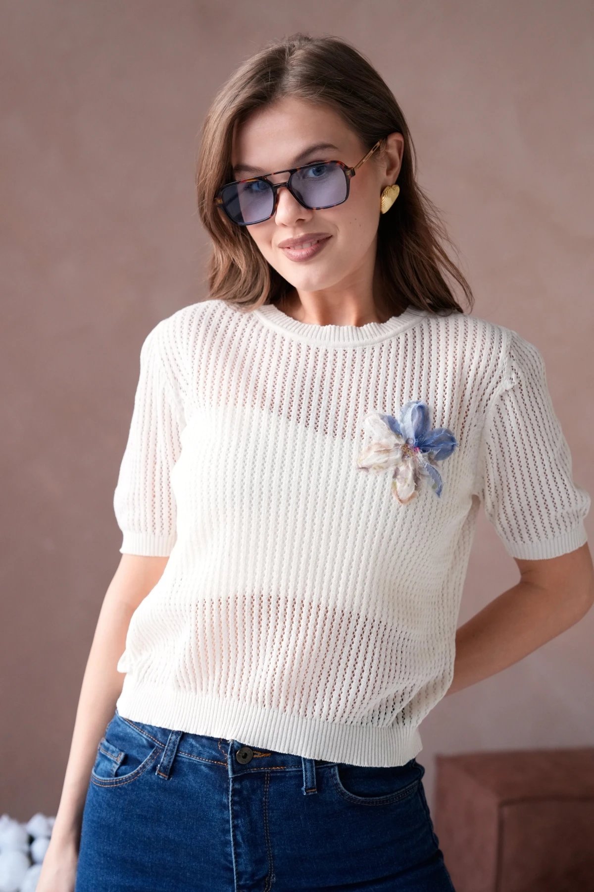 Kadın Bisiklet Yaka Çiçek Detaylı Triko Kazak