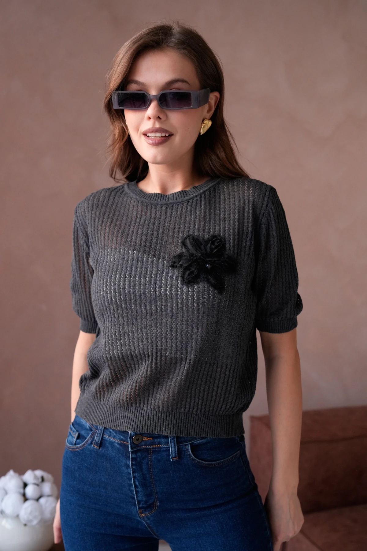 Kadın Bisiklet Yaka Çiçek Detaylı Triko Kazak