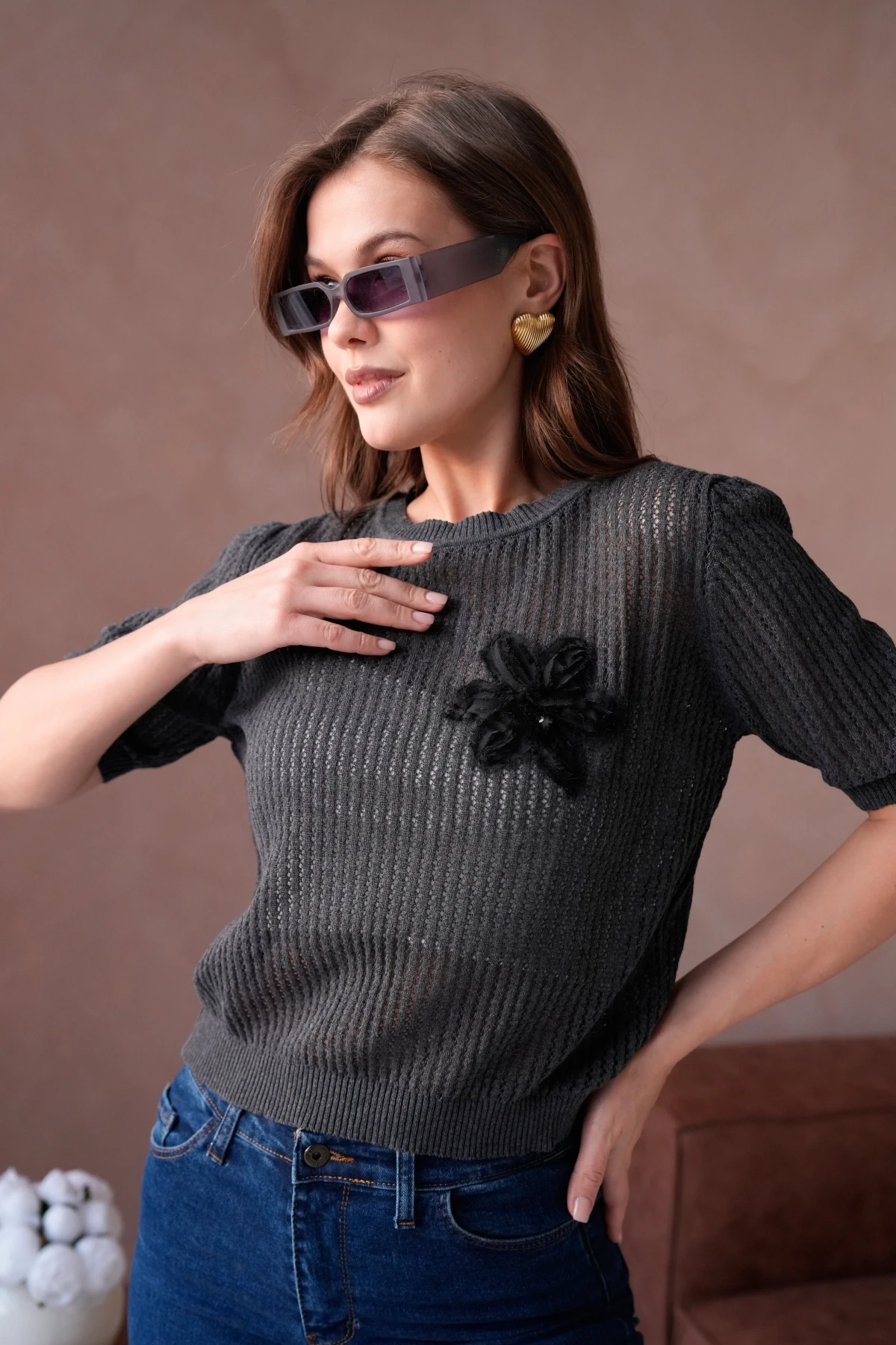 Kadın Bisiklet Yaka Çiçek Detaylı Triko Kazak