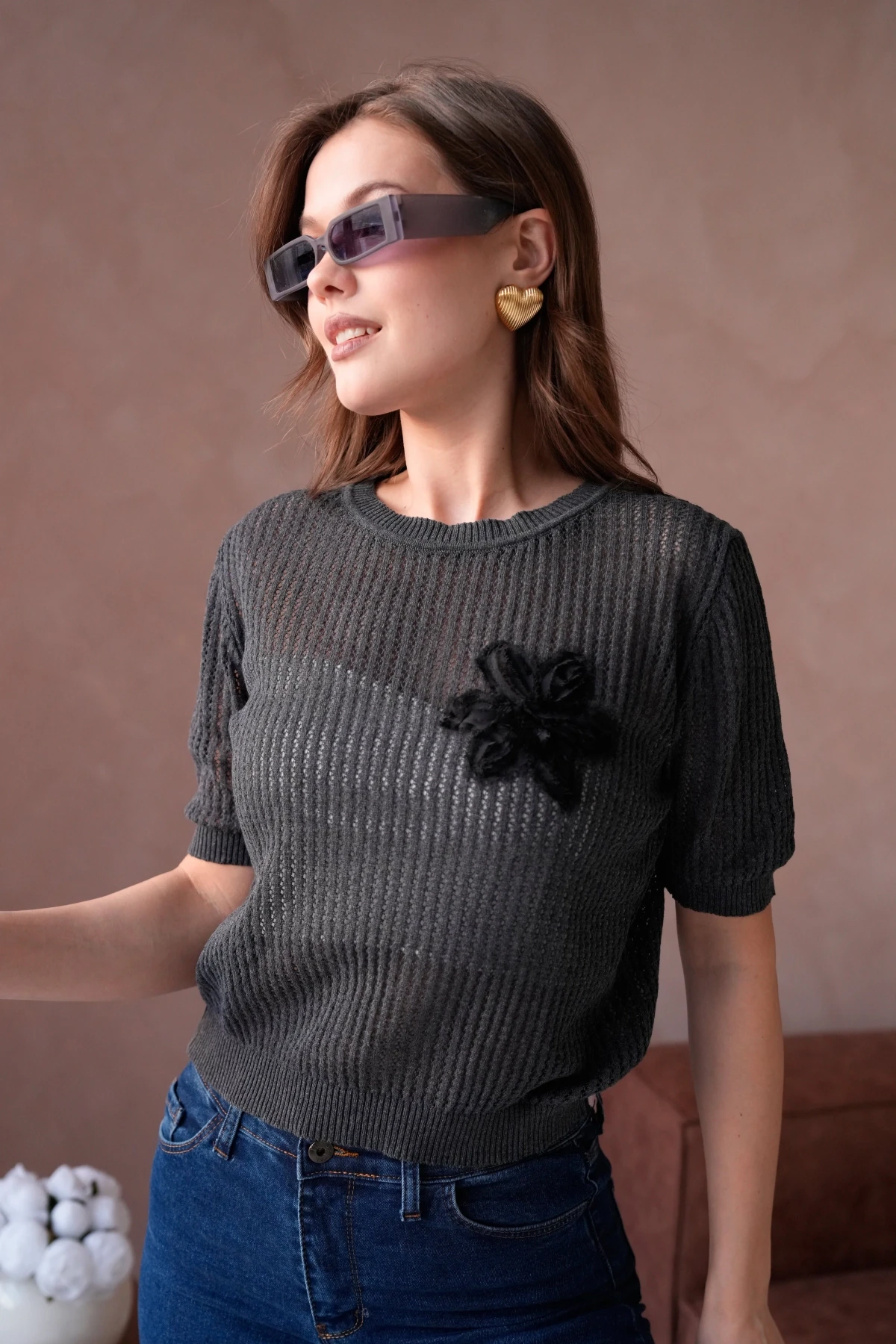 Kadın Bisiklet Yaka Çiçek Detaylı Triko Kazak