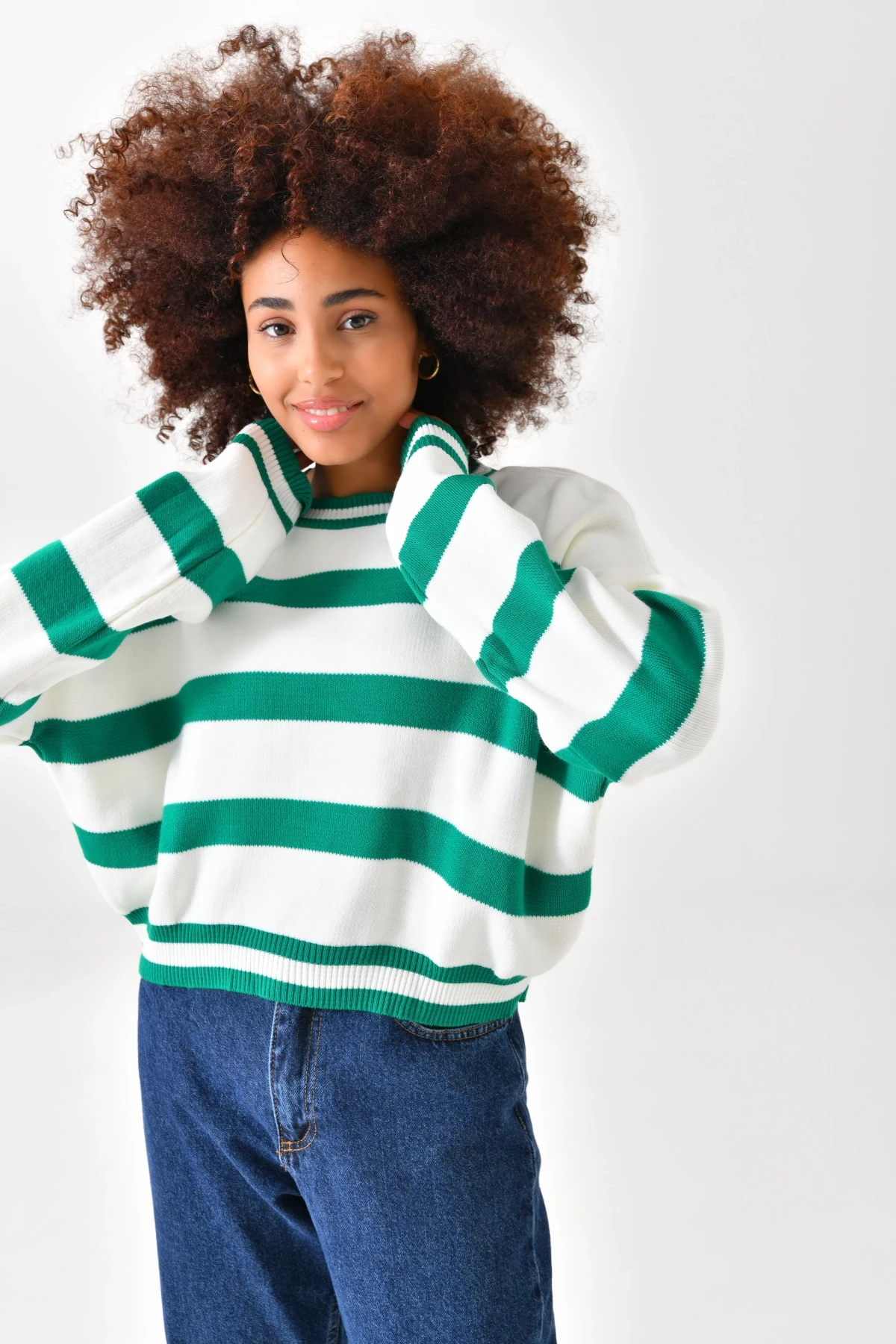 Kadın Bisiklet Yaka Çizgili Salaş Triko Kazak