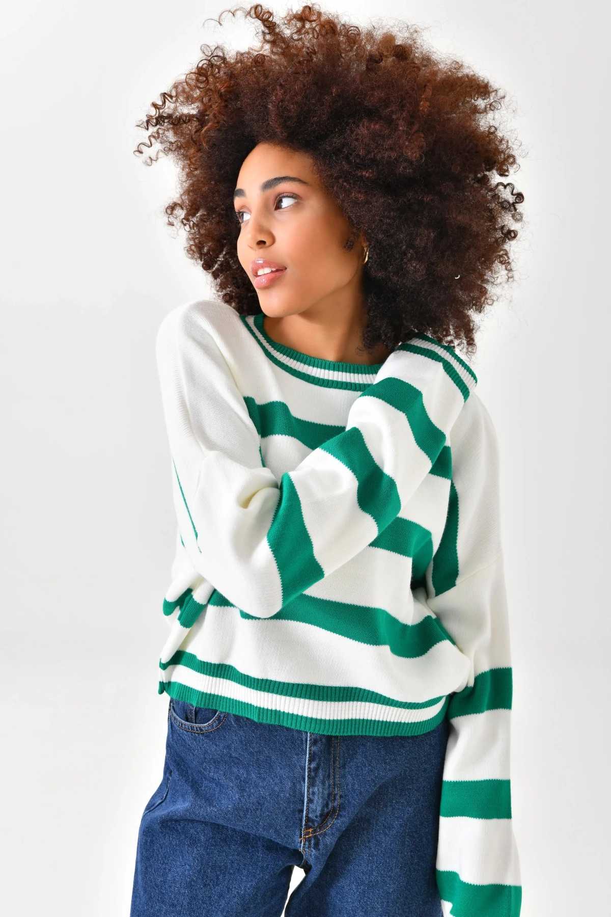 Kadın Bisiklet Yaka Çizgili Salaş Triko Kazak