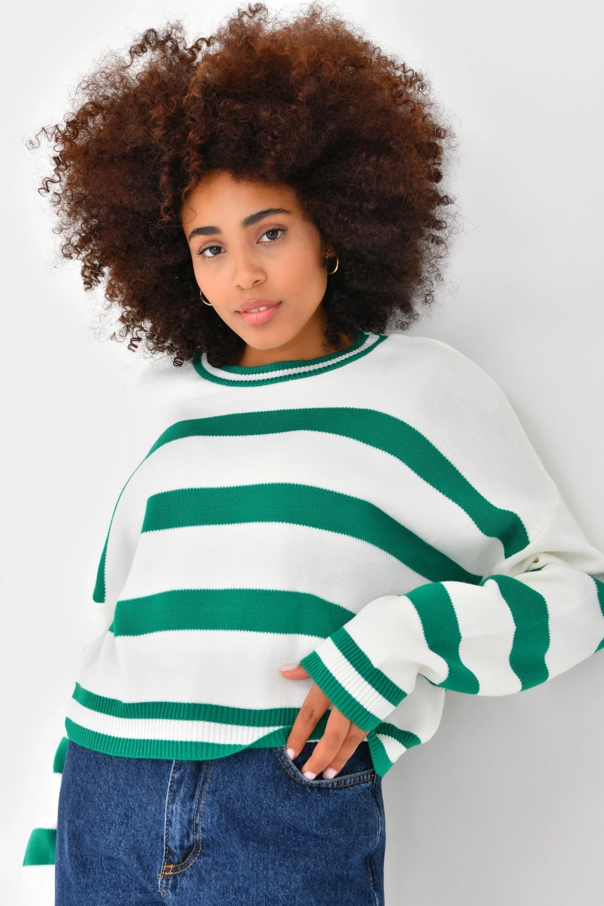 Kadın Bisiklet Yaka Çizgili Salaş Triko Kazak