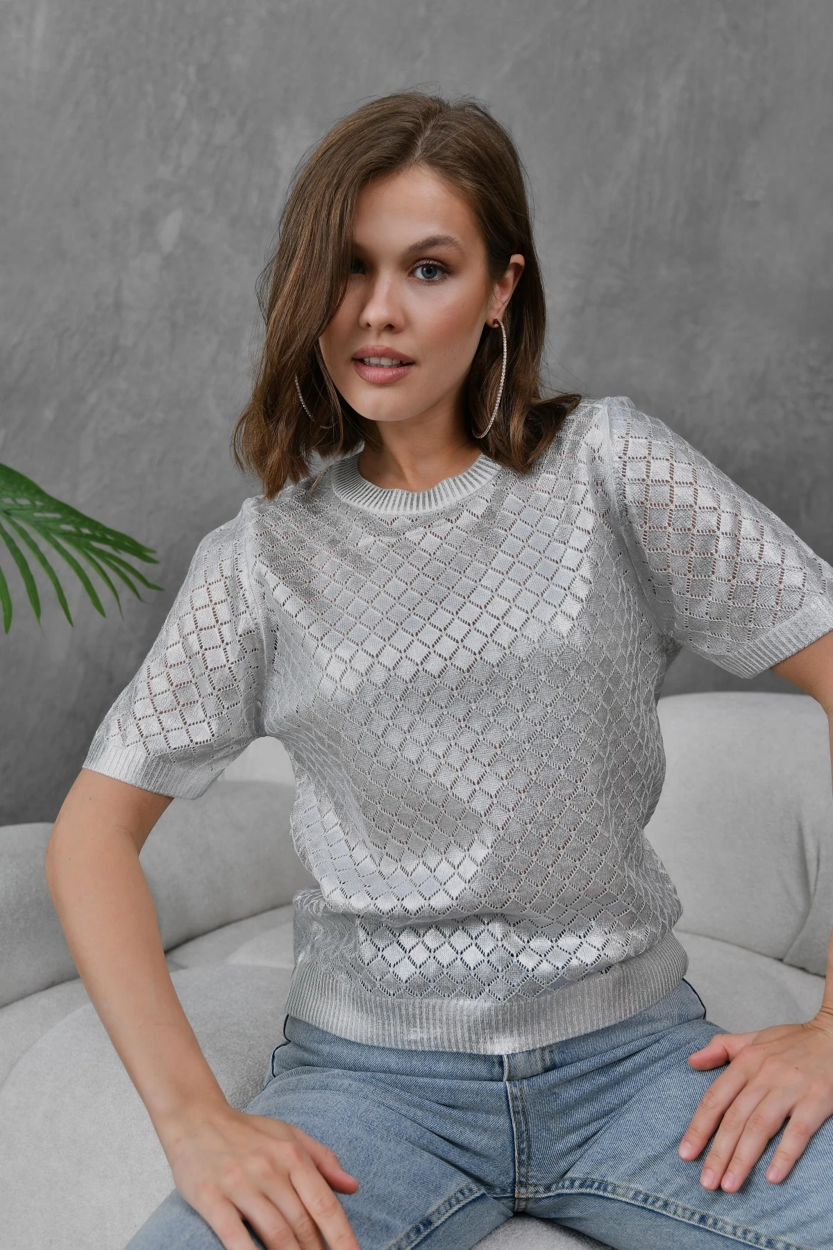 Kadın Bisiklet Yaka Dokulu Triko Kazak