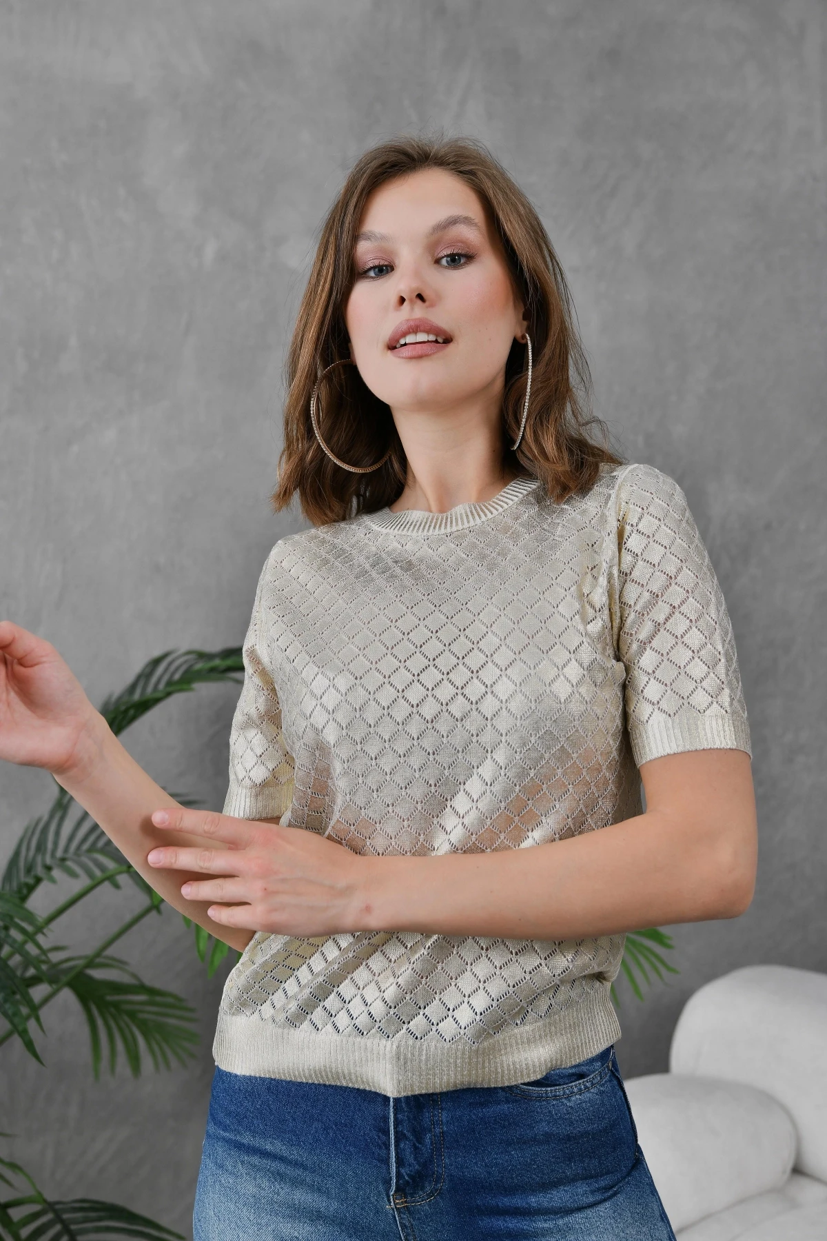 Kadın Bisiklet Yaka Dokulu Triko Kazak