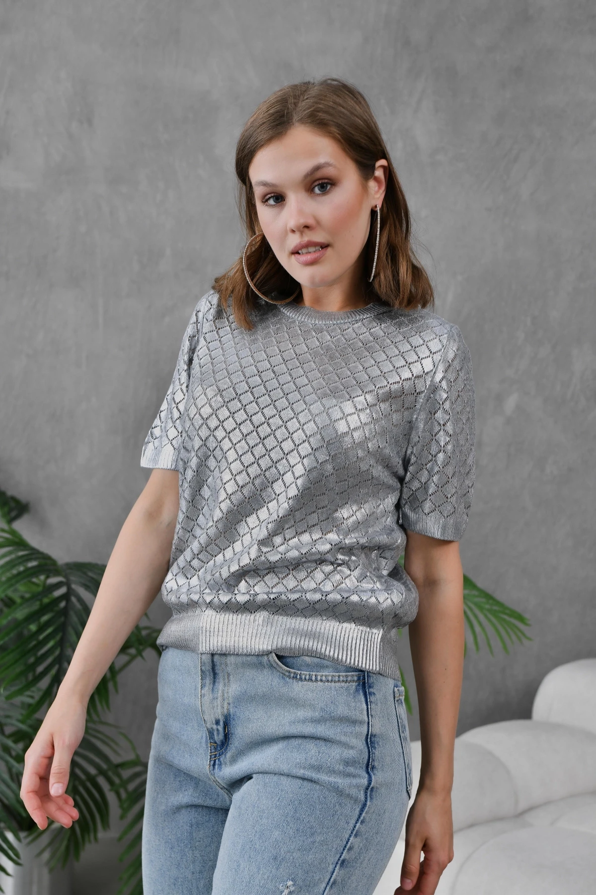 Kadın Bisiklet Yaka Dokulu Triko Kazak