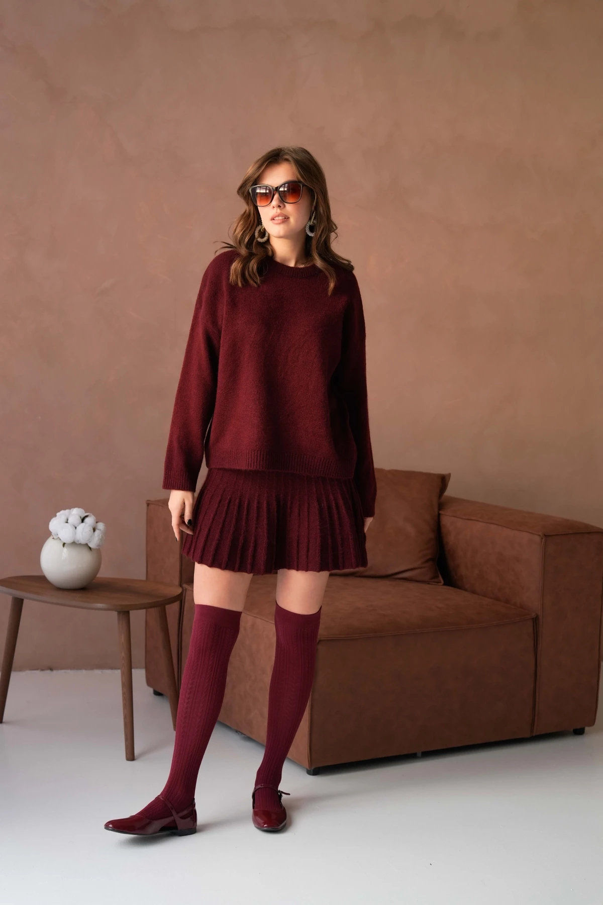 Kadın Bisiklet Yaka Etekli İkili Triko Takım