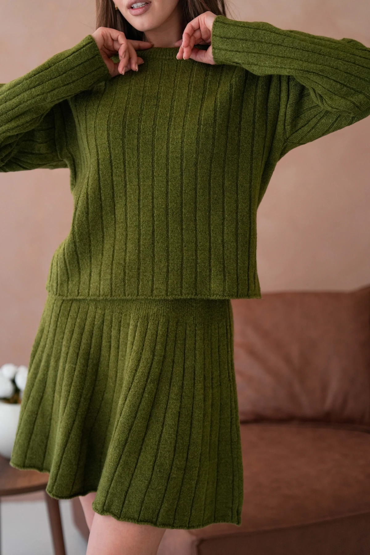 Kadın Bisiklet Yaka Etekli İkili Triko Takım