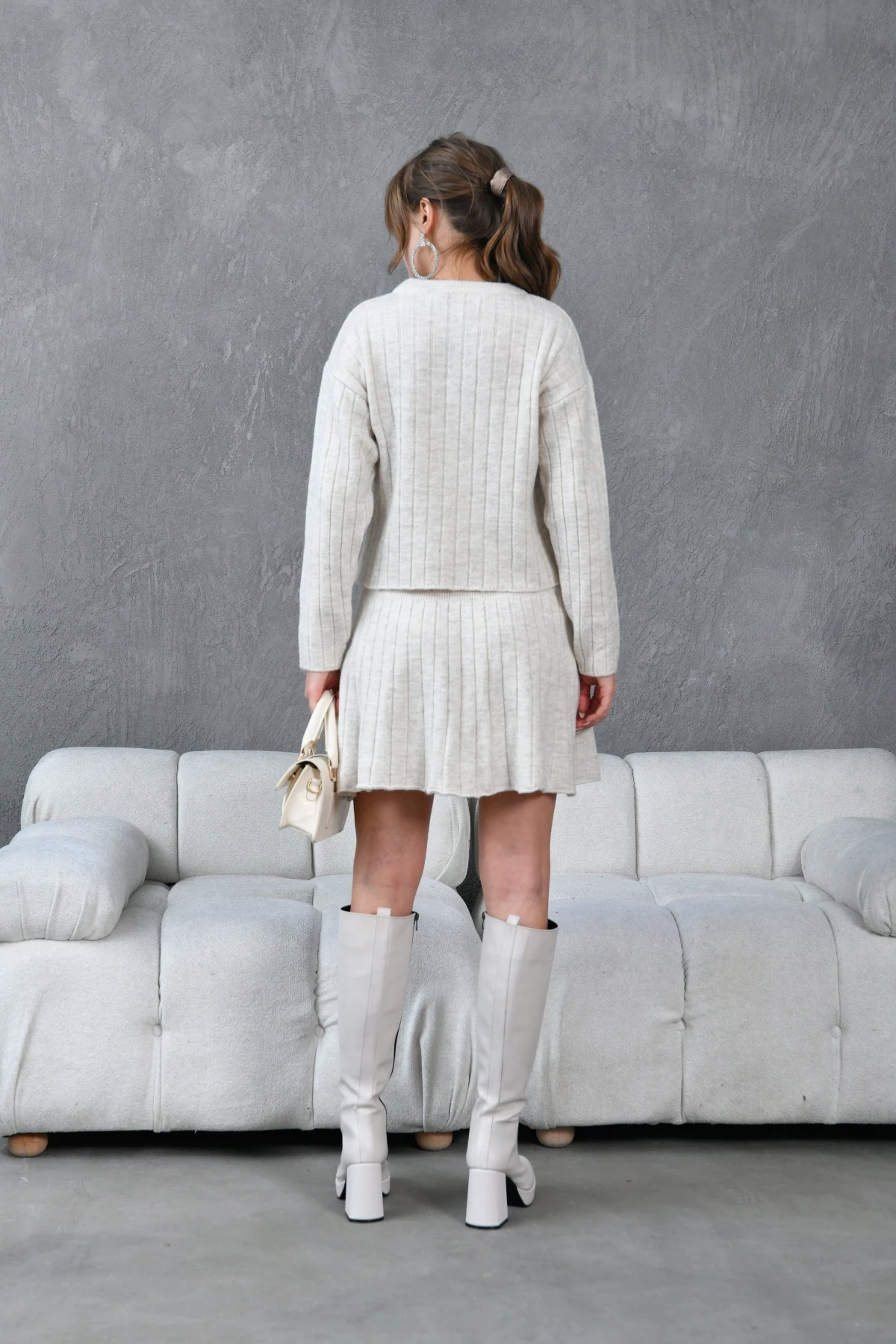 Kadın Bisiklet Yaka Etekli İkili Triko Takım