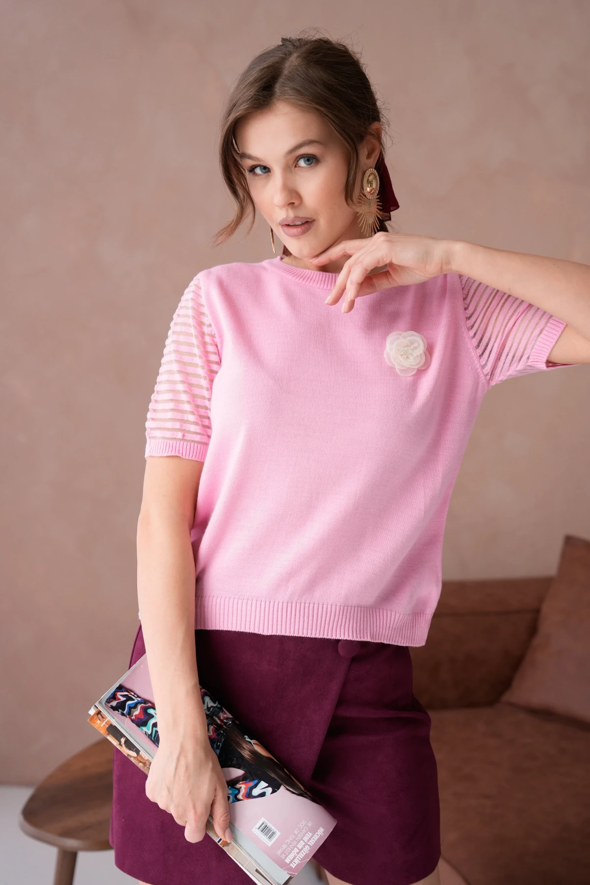 Kadın Bisiklet Yaka Gül Detay Kısa Kol Triko Kazak