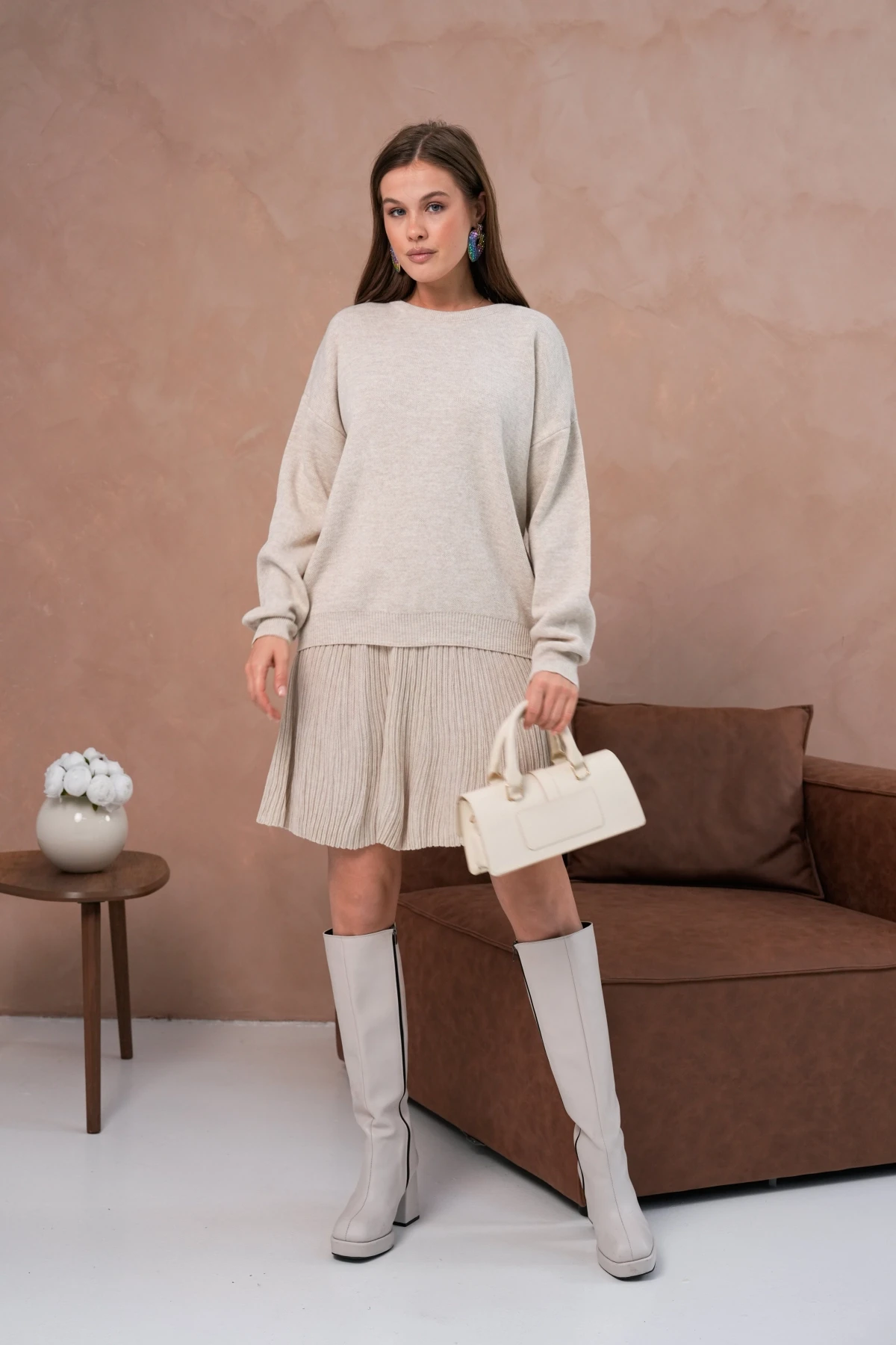 Kadın Bisiklet Yaka Kazak Etek İkili Takım