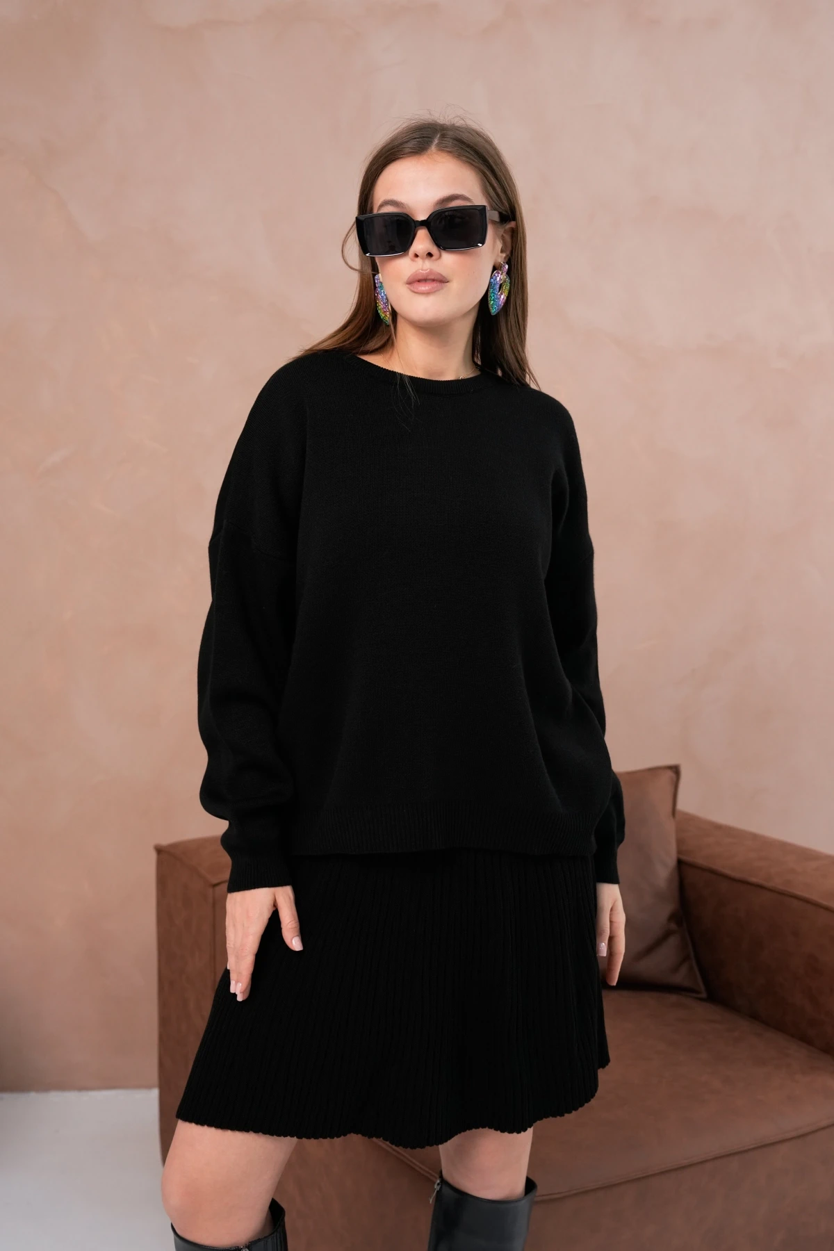 Kadın Bisiklet Yaka Kazak Etek İkili Takım