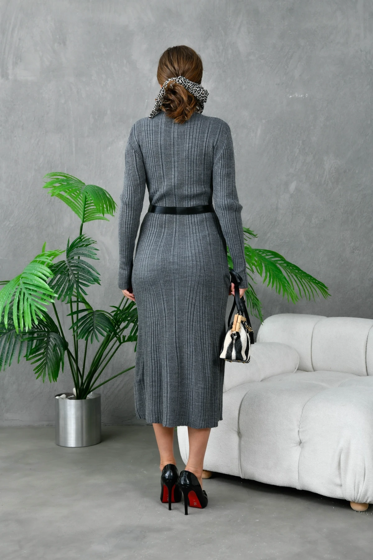 Kadın Bisiklet Yaka Kemer Detaylı Uzun Triko Elbise