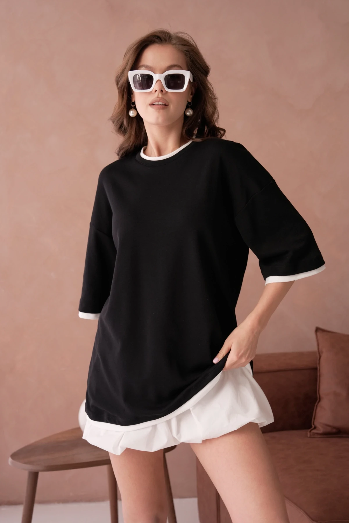 Bisiklet Yaka Kumaş Garnili Salaş Basic T-Shirt