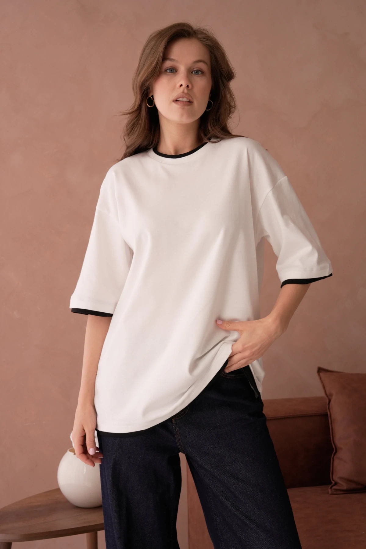 Bisiklet Yaka Kumaş Garnili Salaş Basic T-Shirt