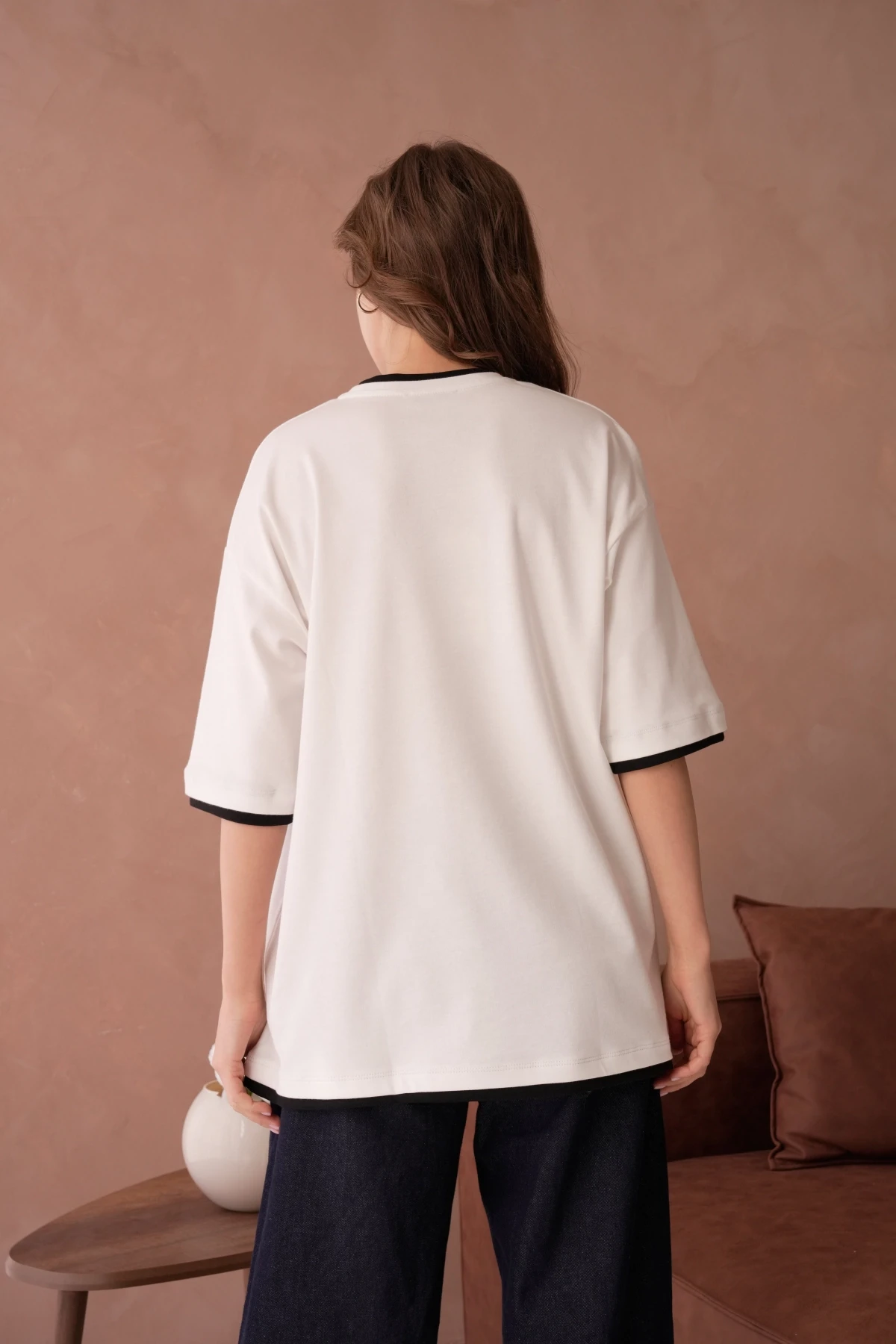 Bisiklet Yaka Kumaş Garnili Salaş Basic T-Shirt