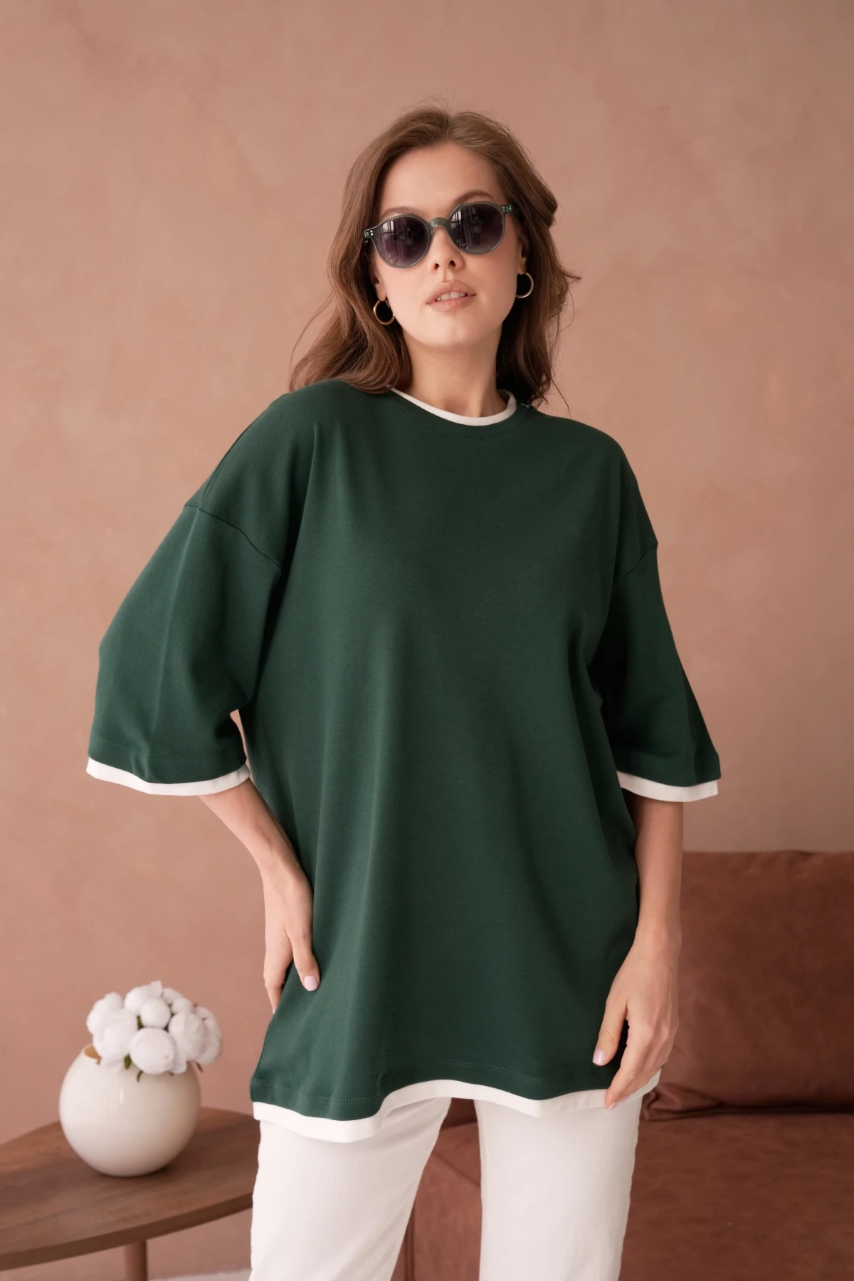 Bisiklet Yaka Kumaş Garnili Salaş Basic T-Shirt