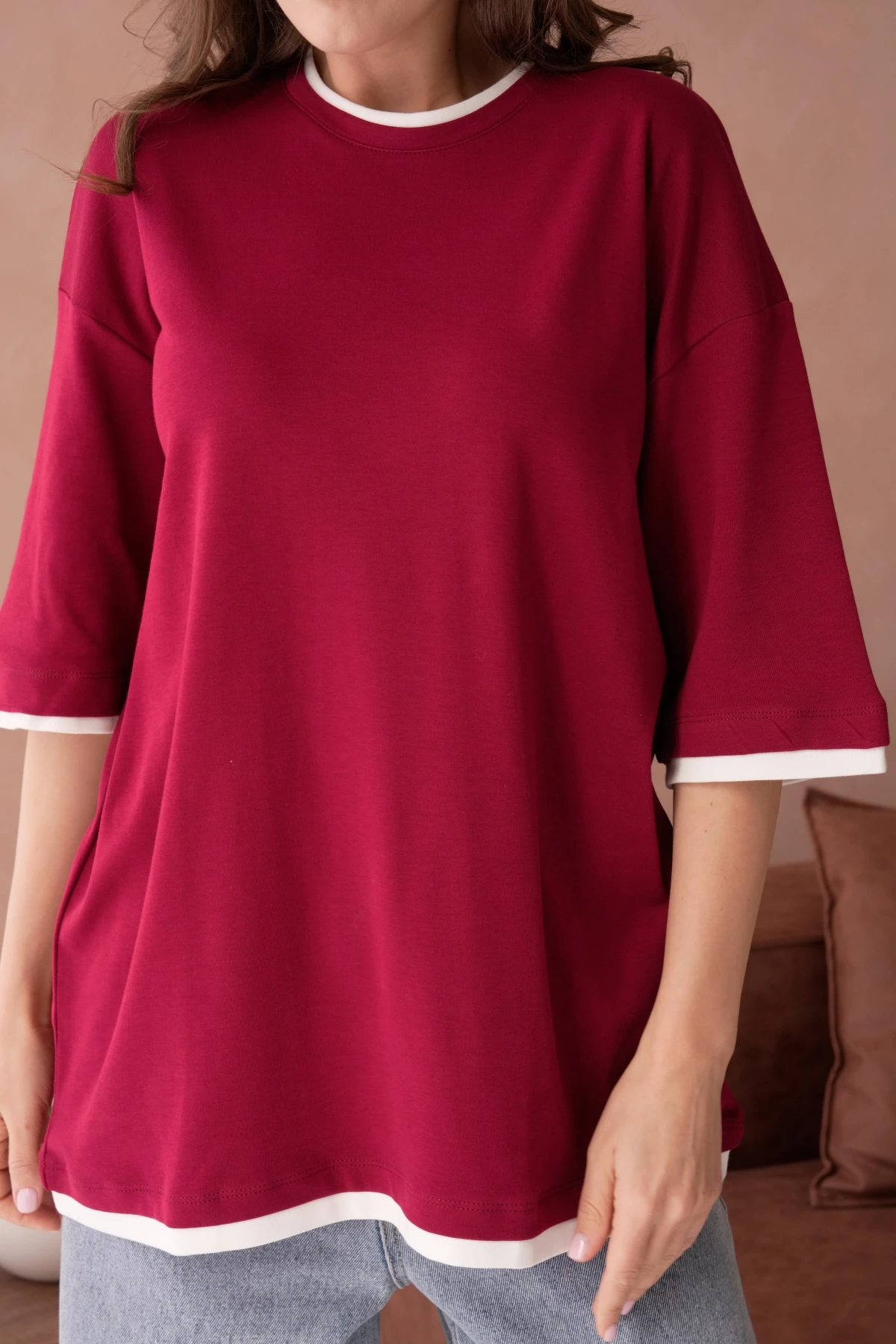 Bisiklet Yaka Kumaş Garnili Salaş Basic T-Shirt